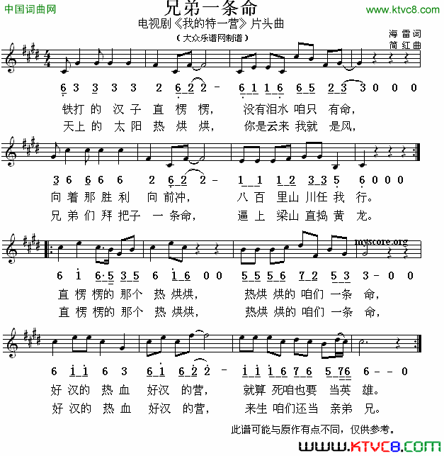 兄弟一条命电视剧《我的特一营》片头曲、简线对照简谱