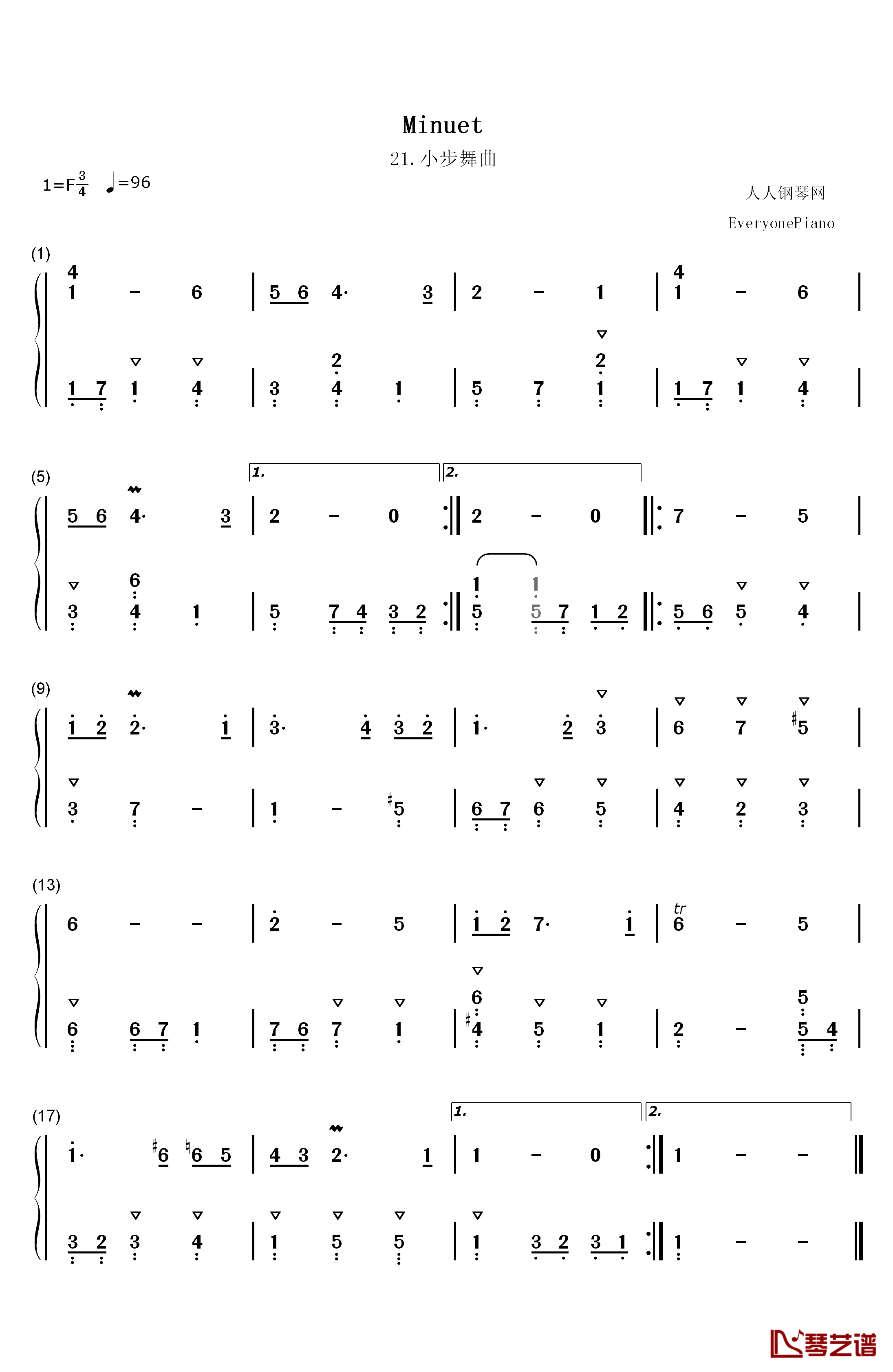 小步舞曲 21钢琴简谱-数字双手-巴赫