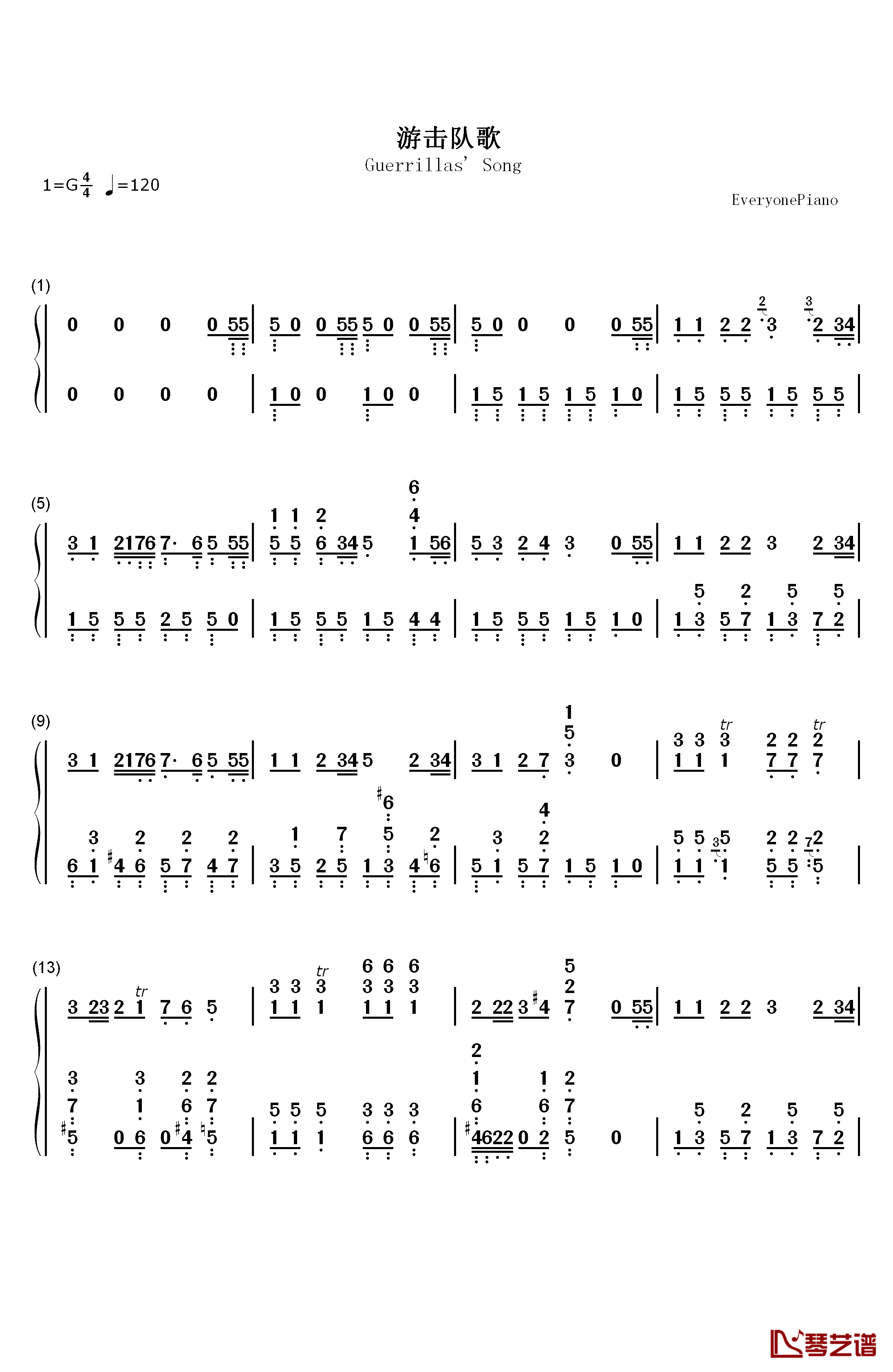 游击队歌钢琴简谱-数字双手-贺绿汀