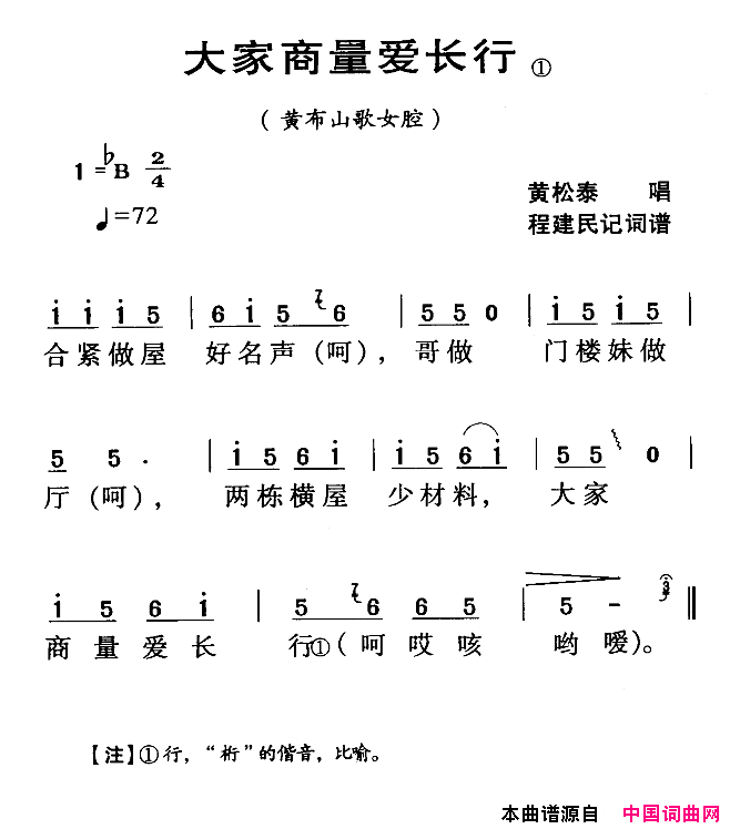 大家商量爱长行河源民歌黄步山歌简谱-黄松泰演唱-程建民词曲