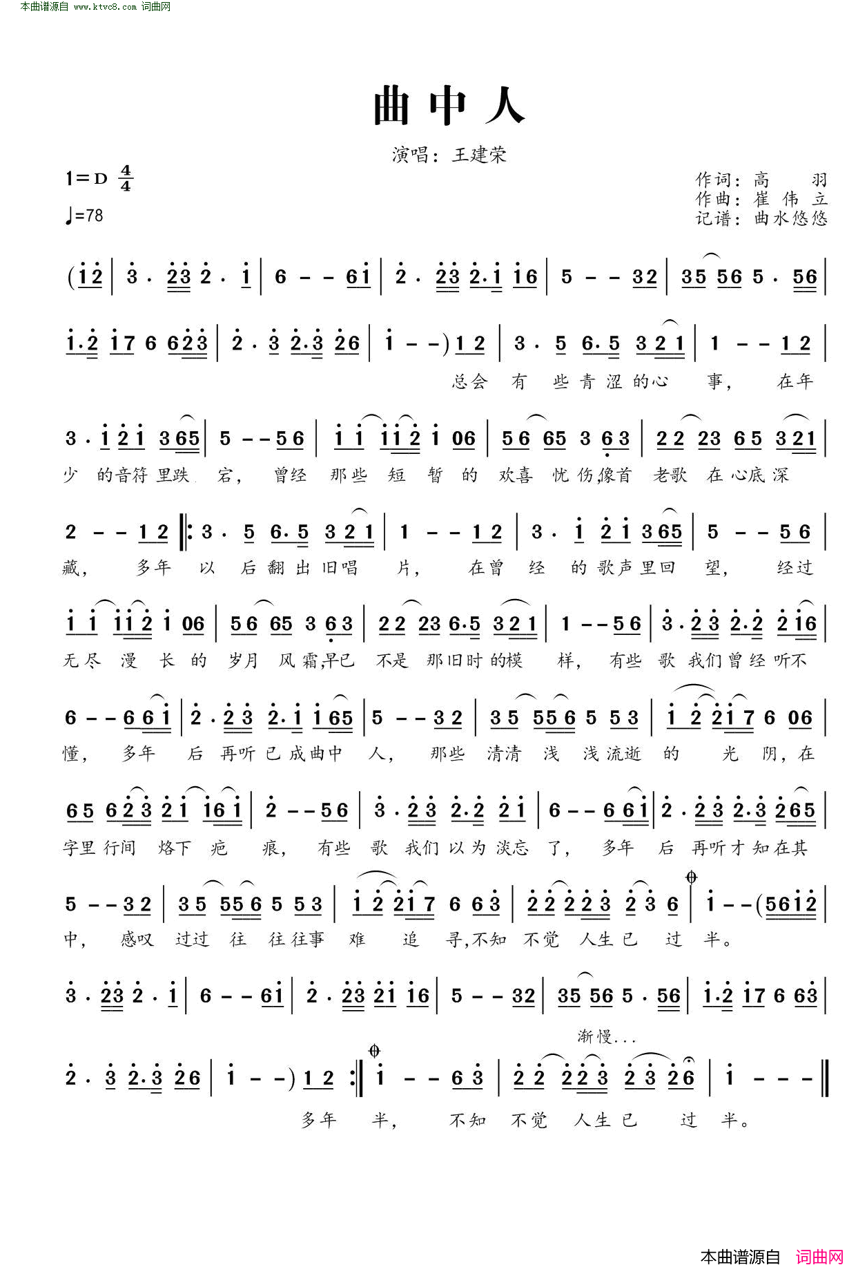 曲中人简谱-王建荣演唱-高羽/崔伟立词曲