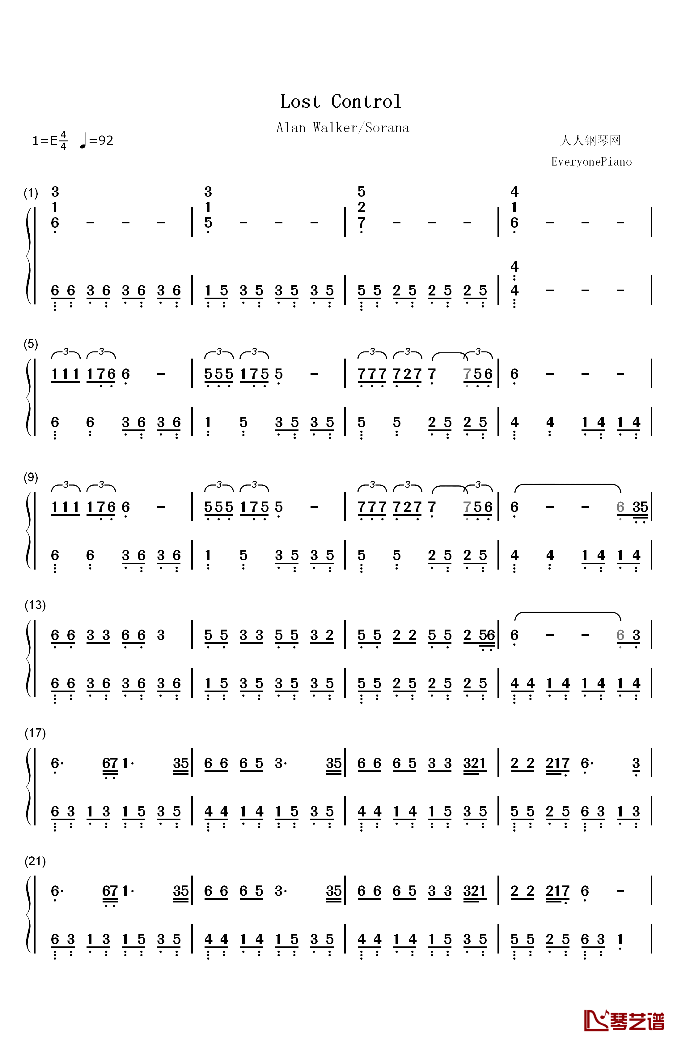 Lost Control钢琴简谱-数字双手-Alan Walker Sorana
