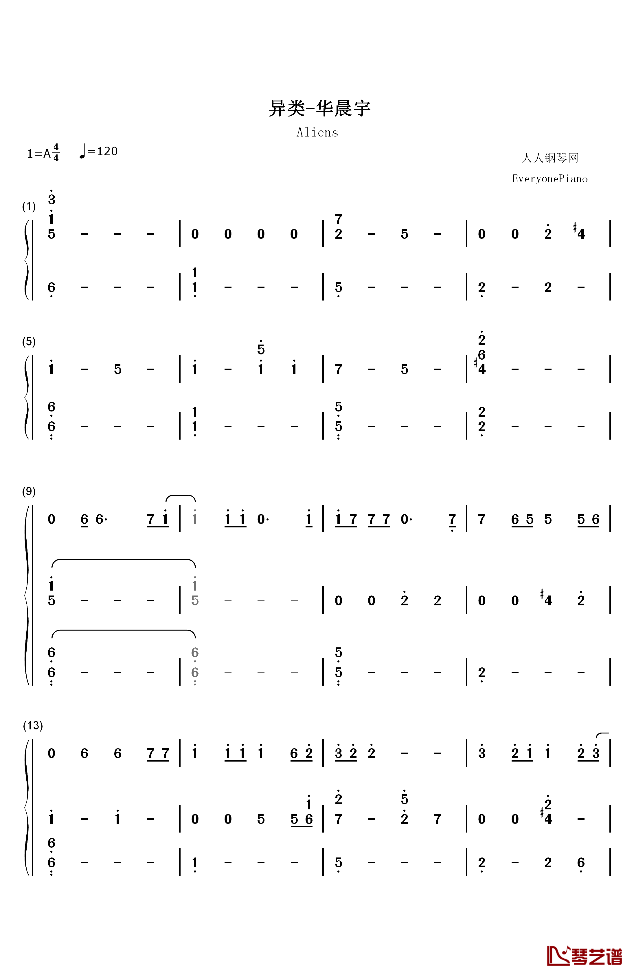 异类钢琴简谱-数字双手-华晨宇