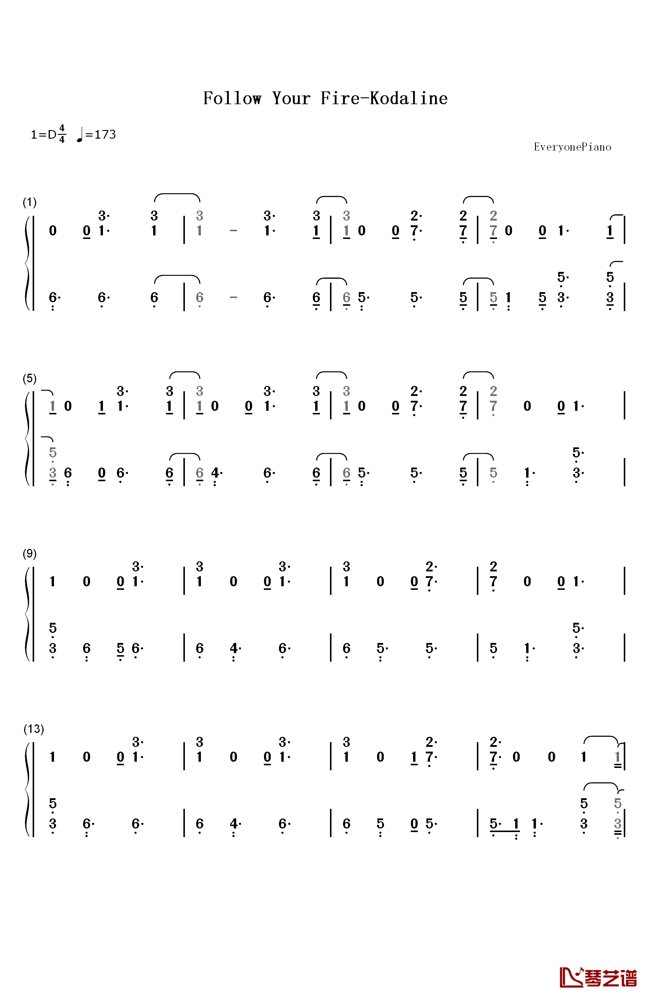 Follow Your Fire钢琴简谱-数字双手-Kodaline