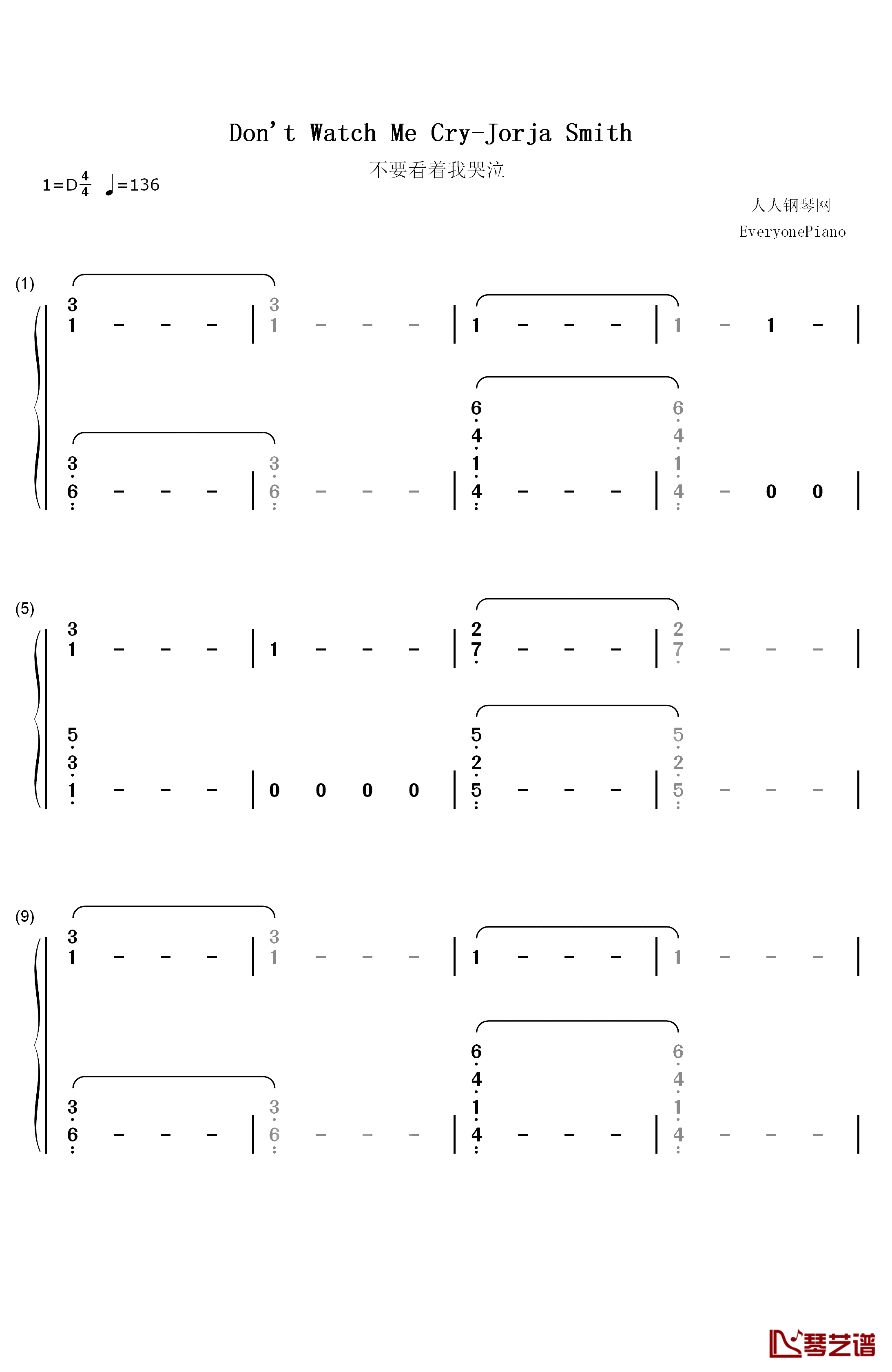 Don't Watch Me Cry钢琴简谱-数字双手-Jorja Smith