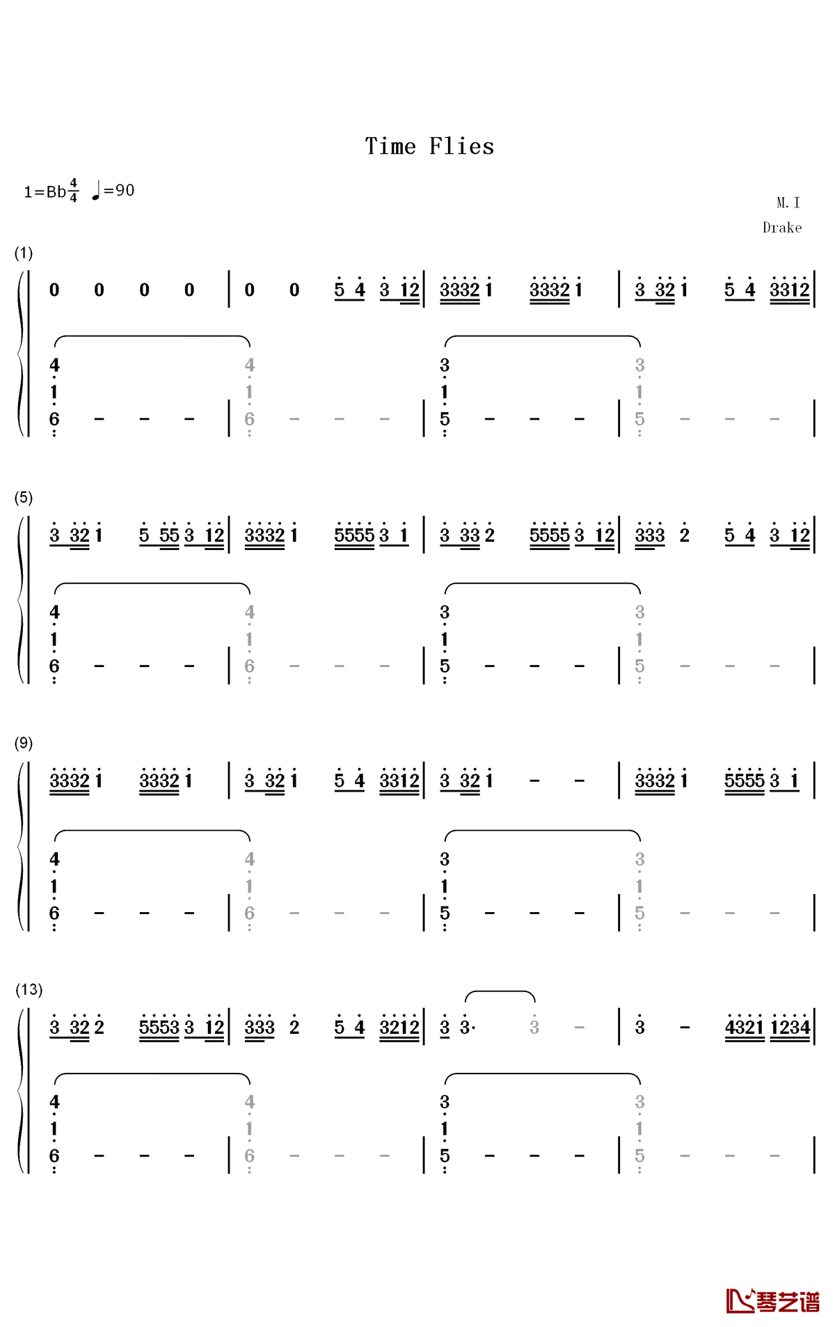 Time Flies钢琴简谱-数字双手-Drake