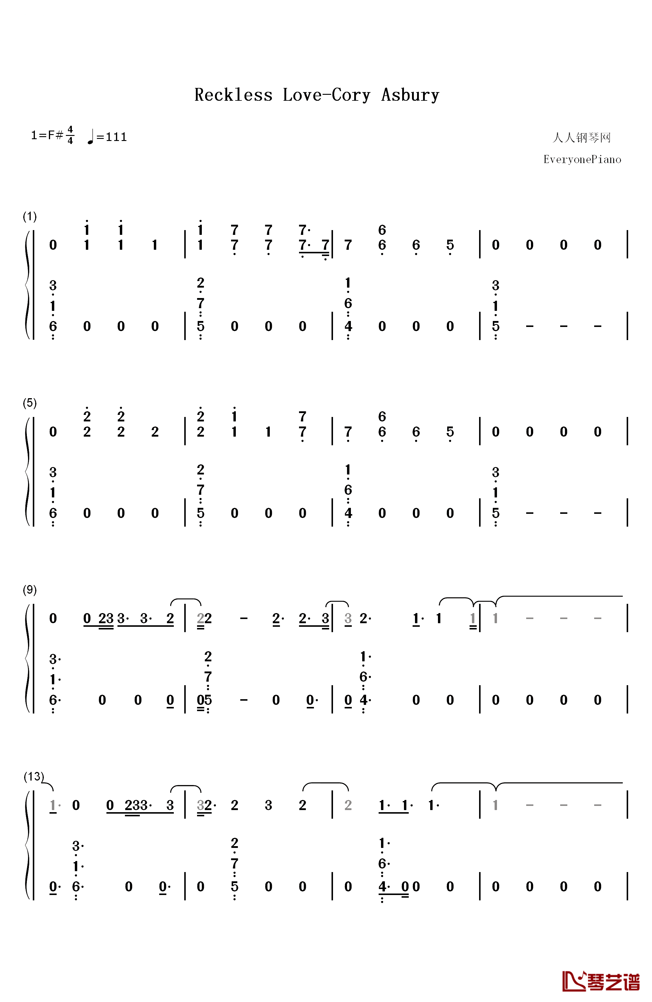 Reckless Love钢琴简谱-数字双手-Cory Asbury