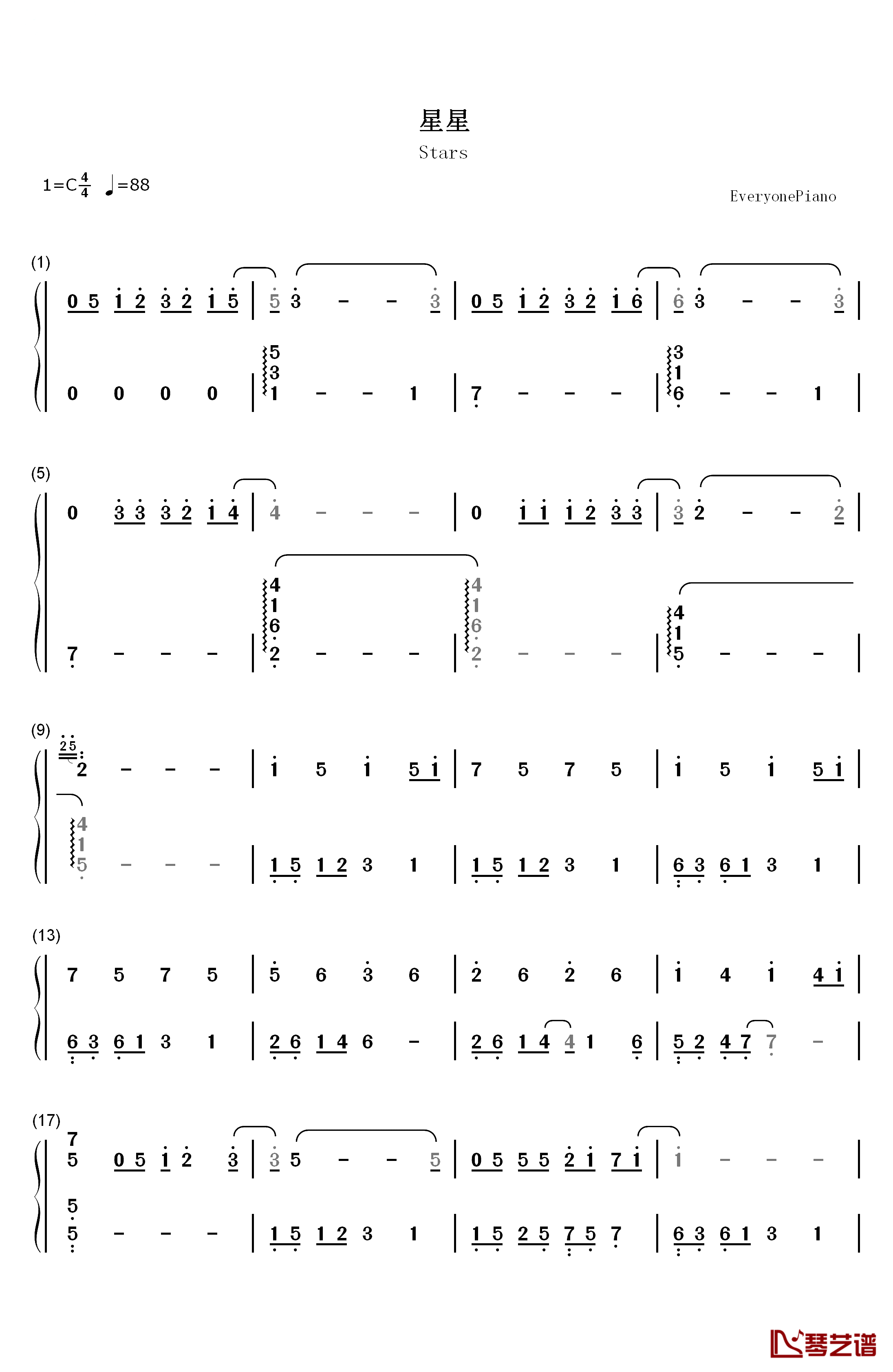 星星钢琴简谱-数字双手-牛奶咖啡