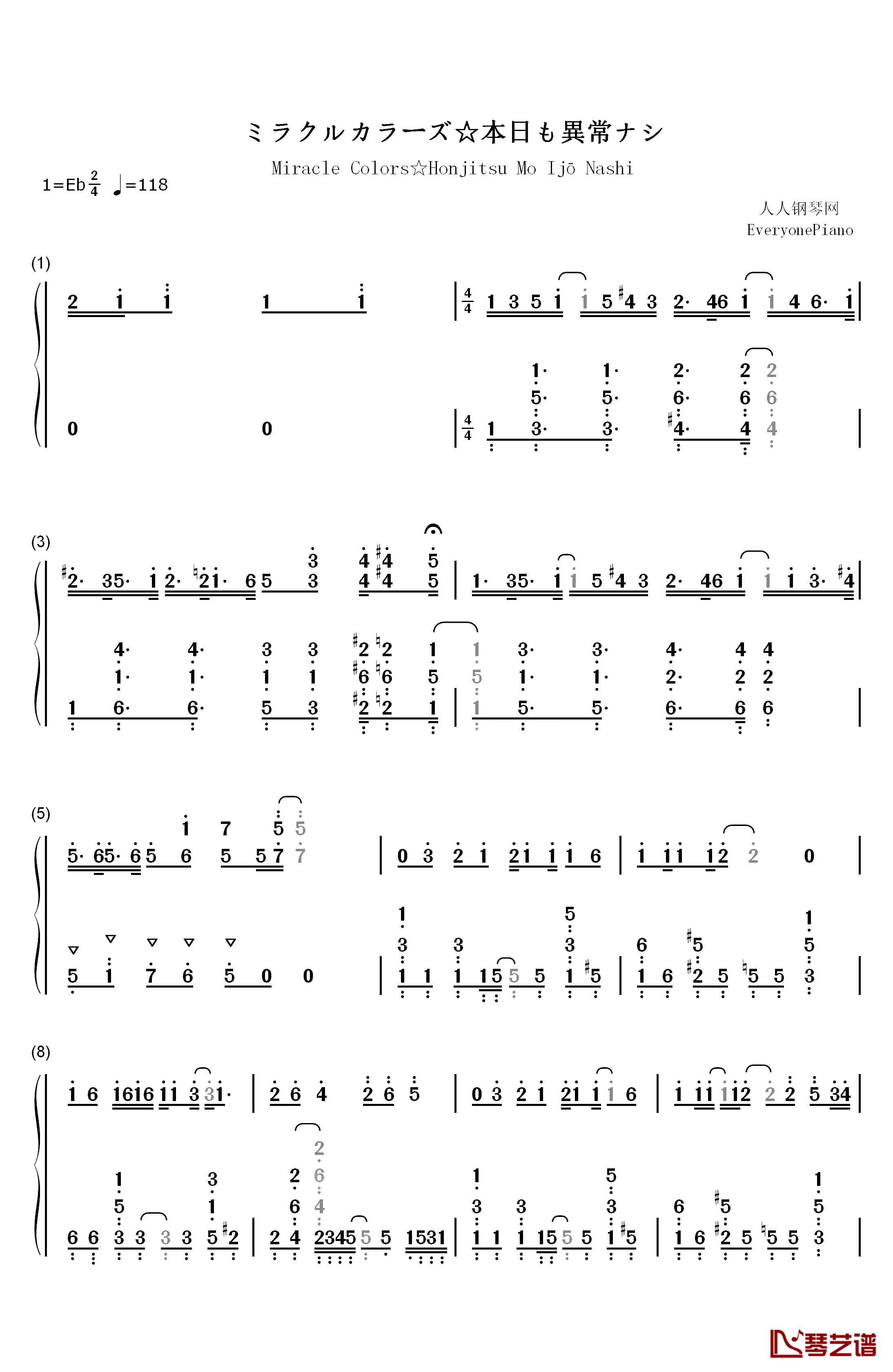 ミラクルカラーズ☆本日も異常ナシ钢琴简谱-数字双手-COLORS☆SLASH