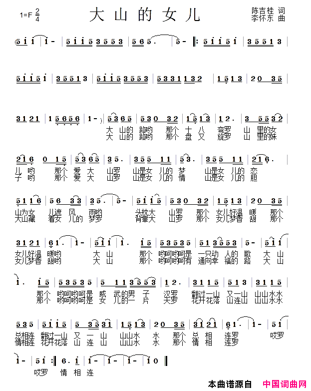 大山的女儿简谱-林秀萍演唱-陈吉桂/李怀东词曲