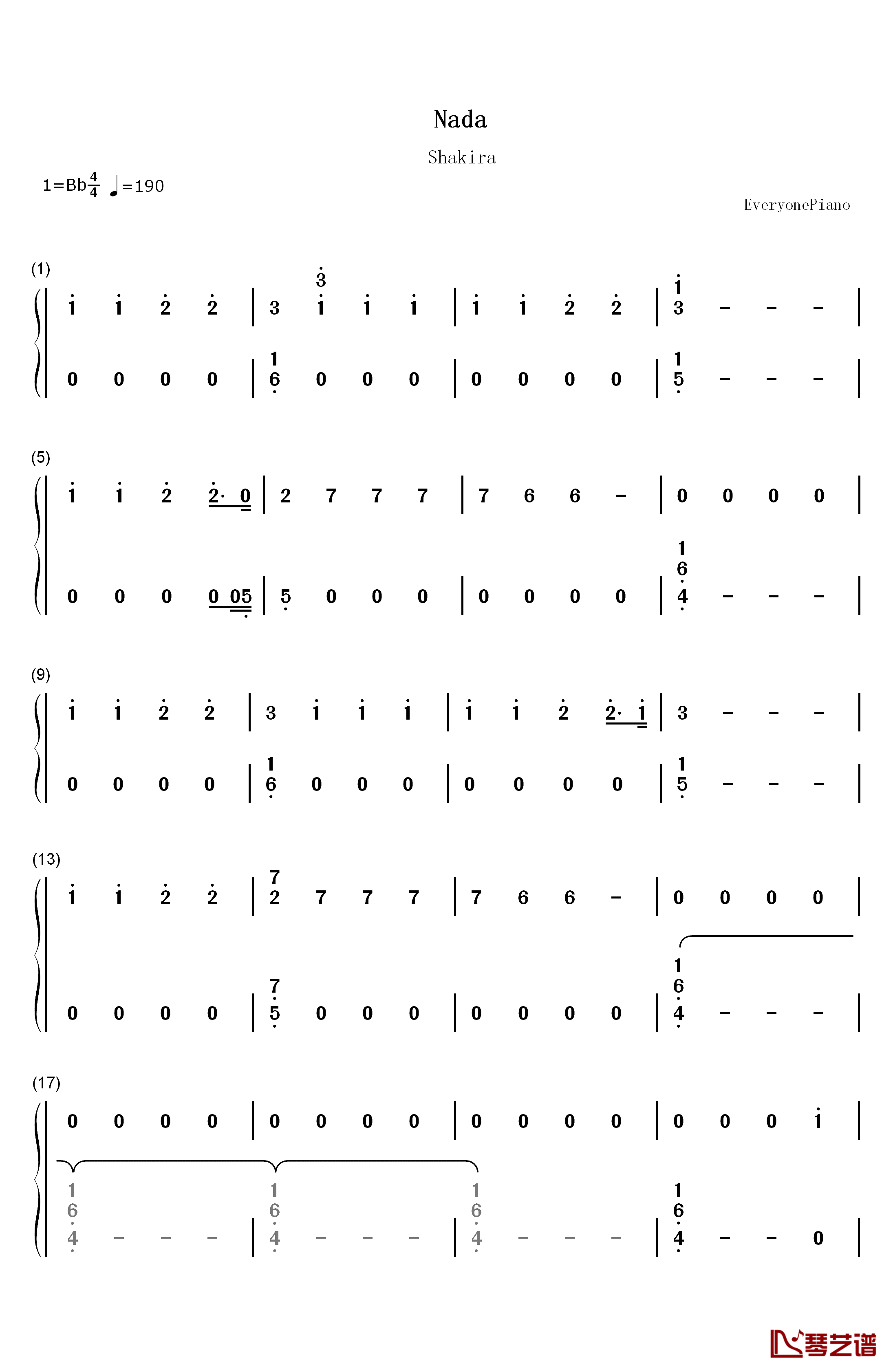 Nada钢琴简谱-数字双手-Shakira