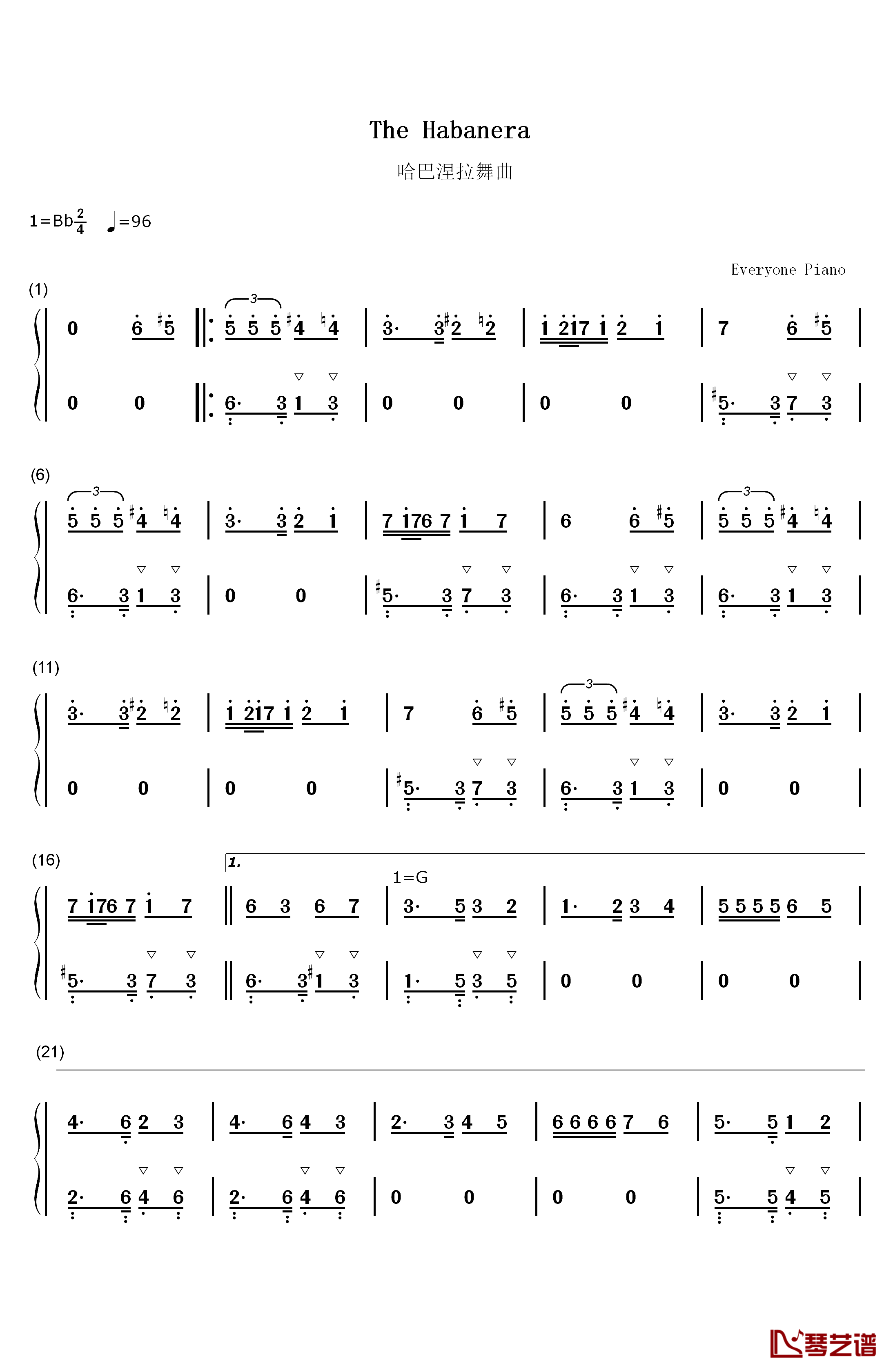 哈巴涅拉舞曲钢琴简谱-数字双手-乔治•比才