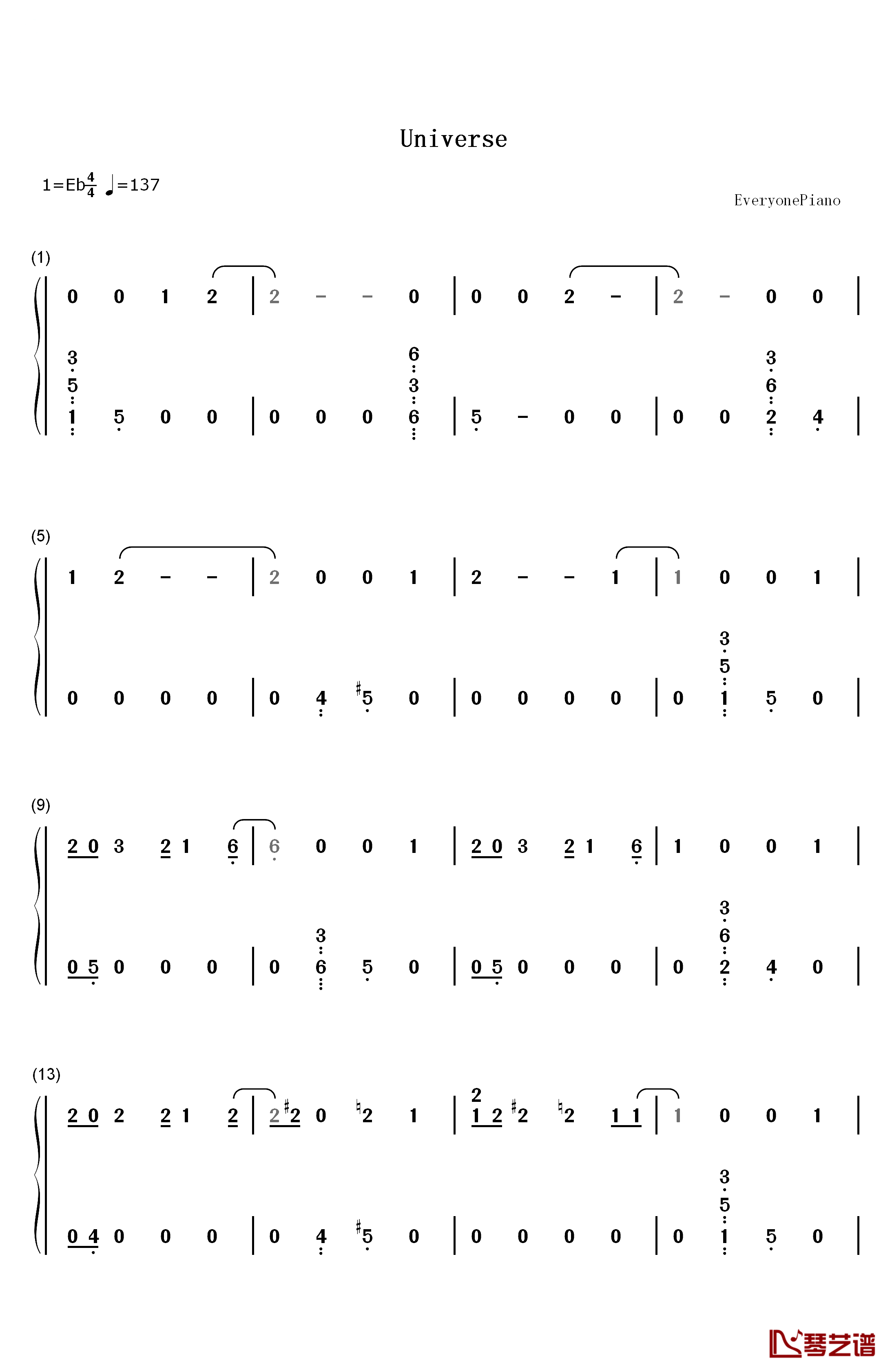 Universe钢琴简谱-数字双手-EXO