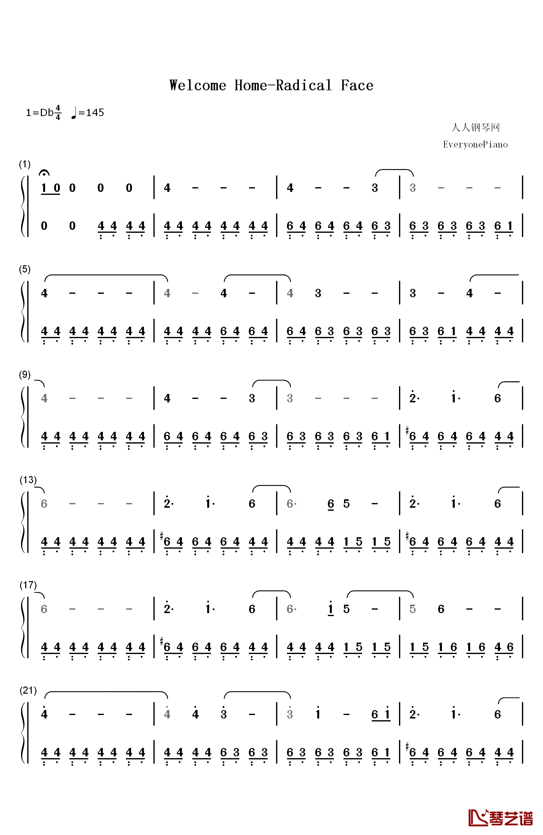 Welcome Home钢琴简谱-数字双手-Radical Face
