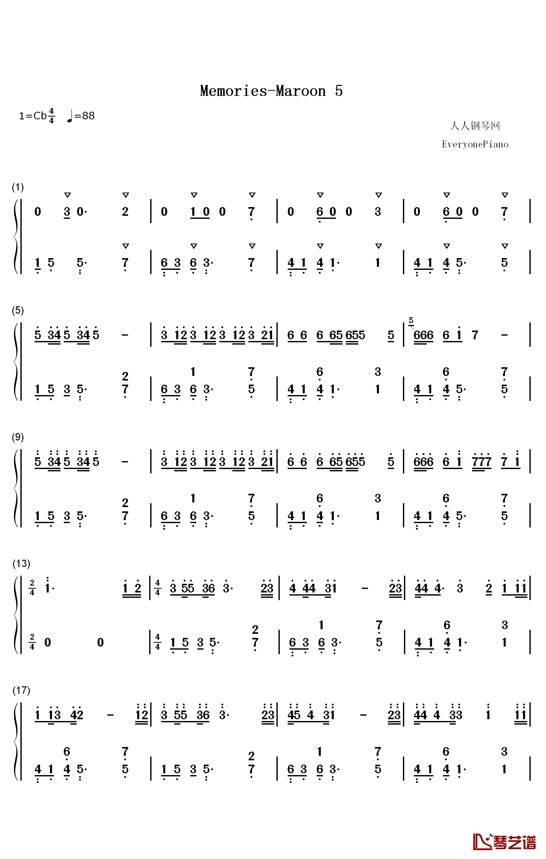 Memories钢琴简谱-数字双手-Maroon 5