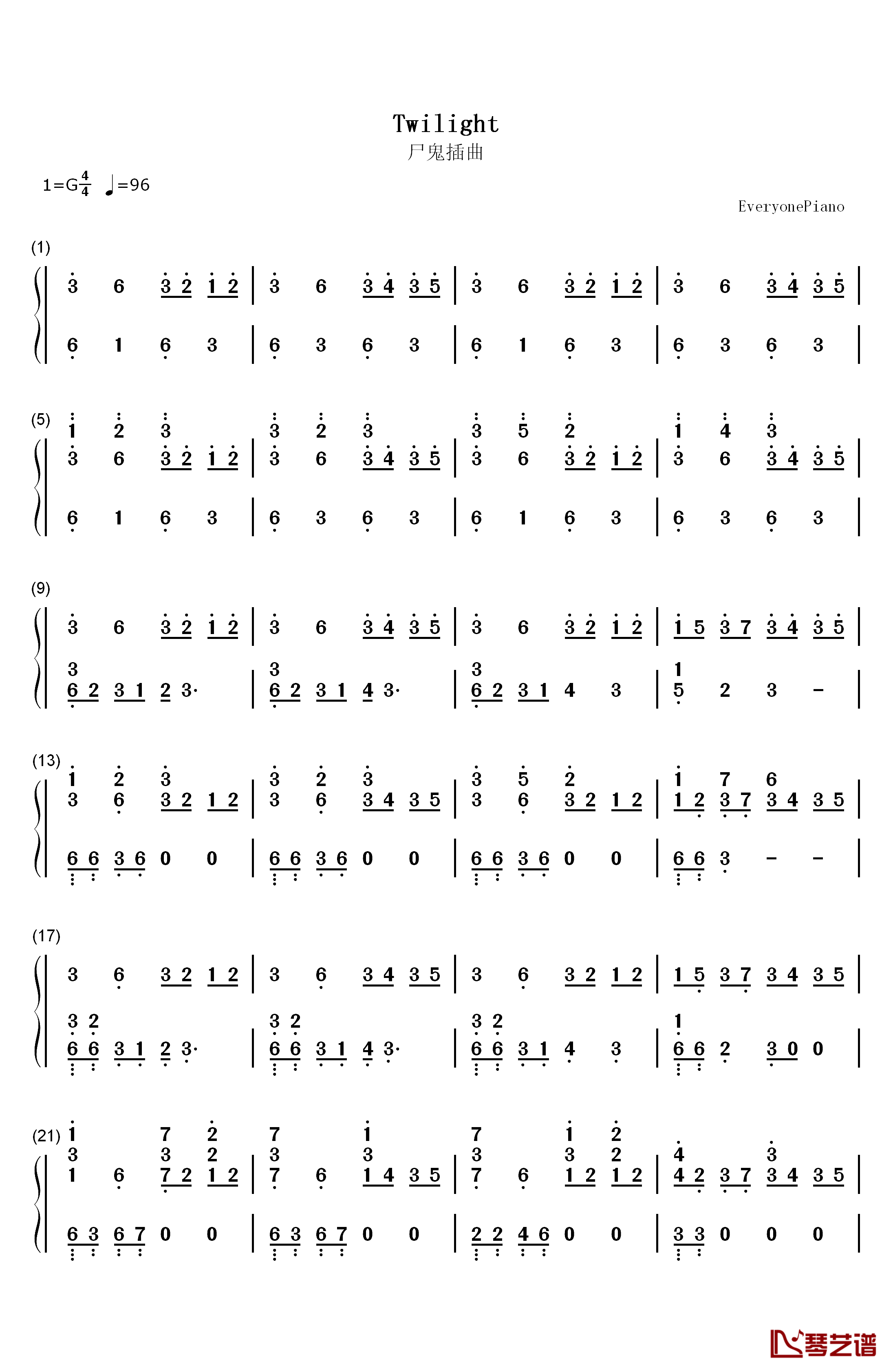 Twilight钢琴简谱-数字双手-高梨康治