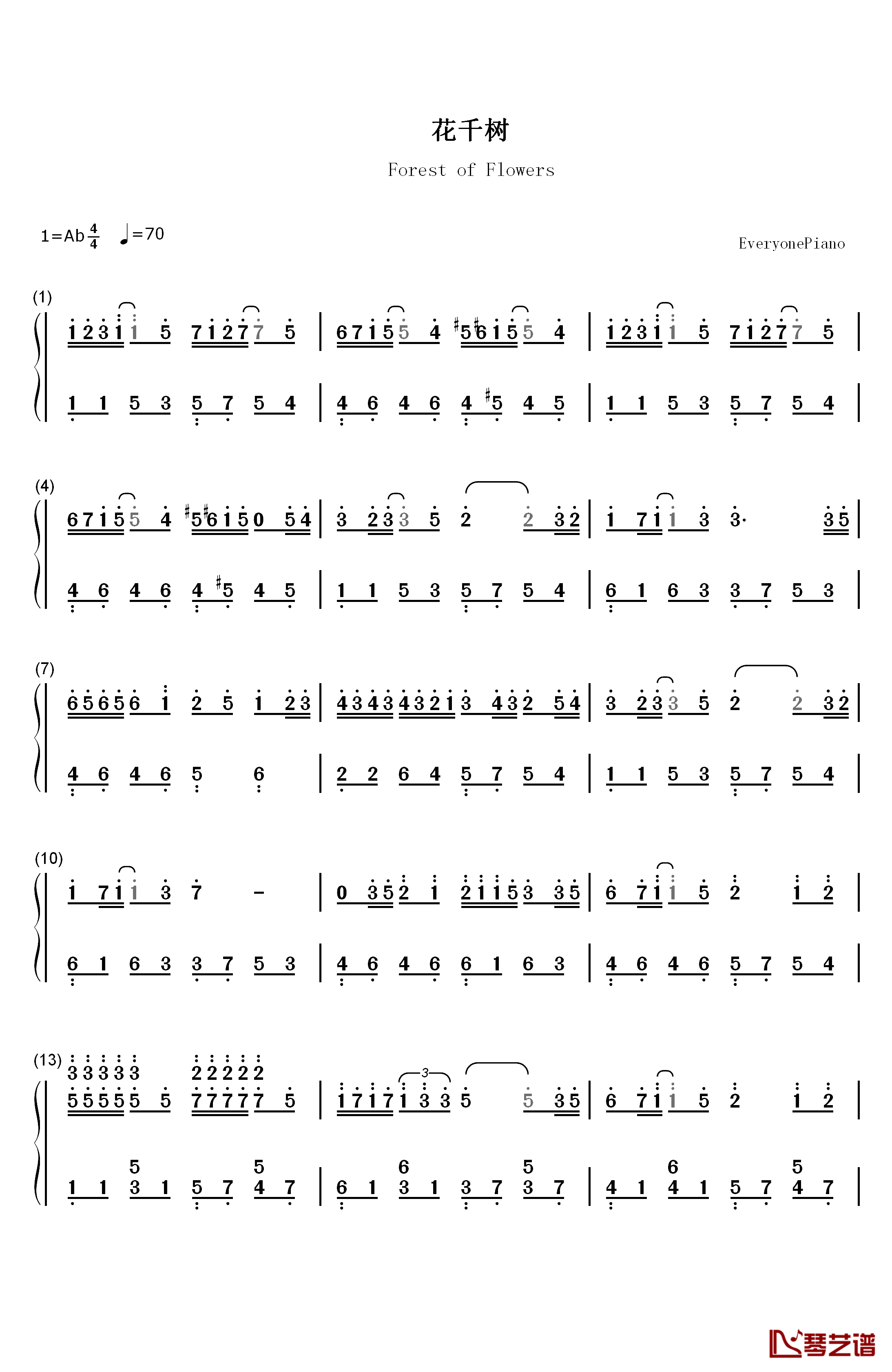 花千树钢琴简谱-数字双手-容祖儿