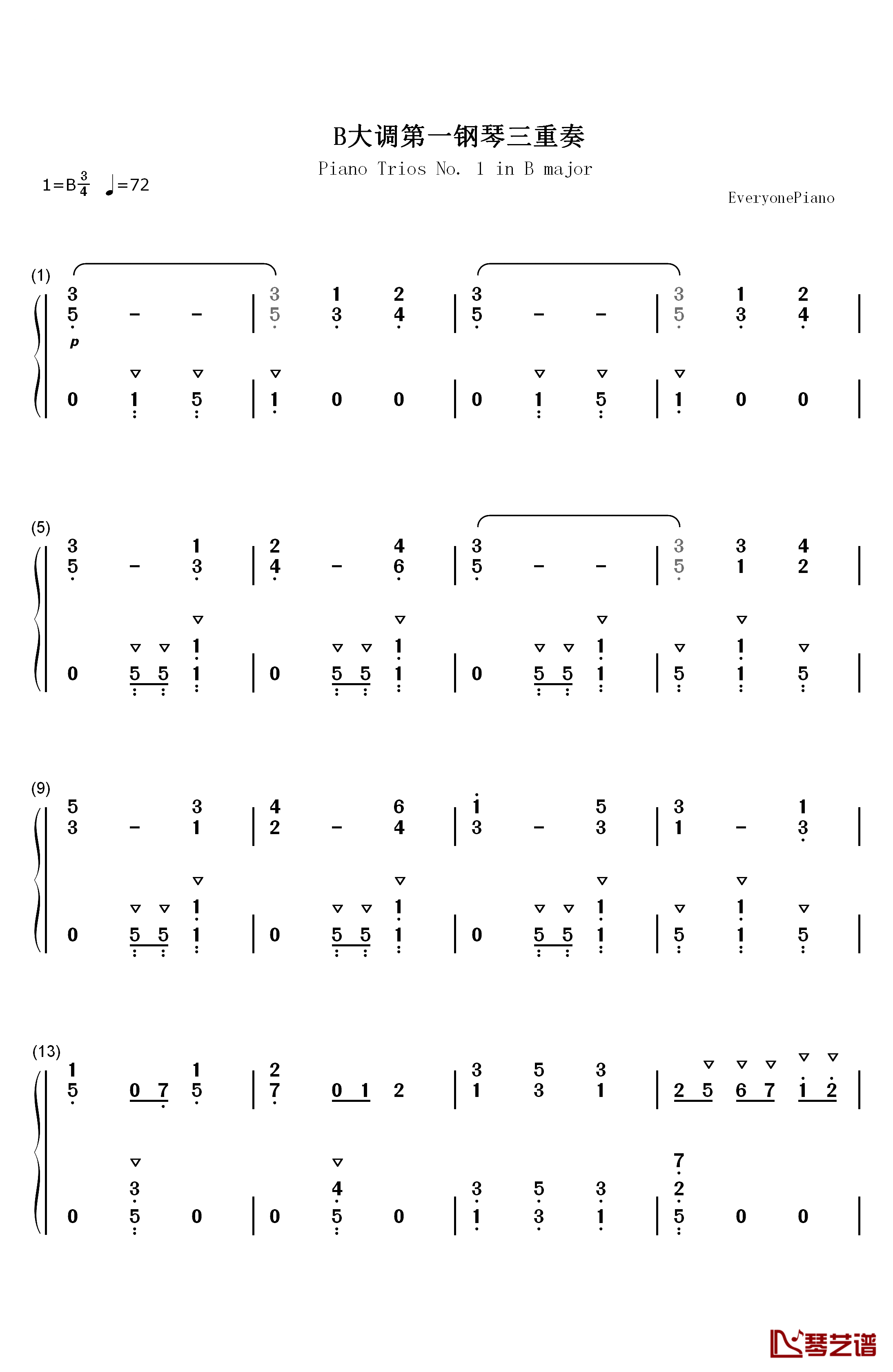 B大调第一钢琴三重奏钢琴简谱-数字双手-勃拉姆斯