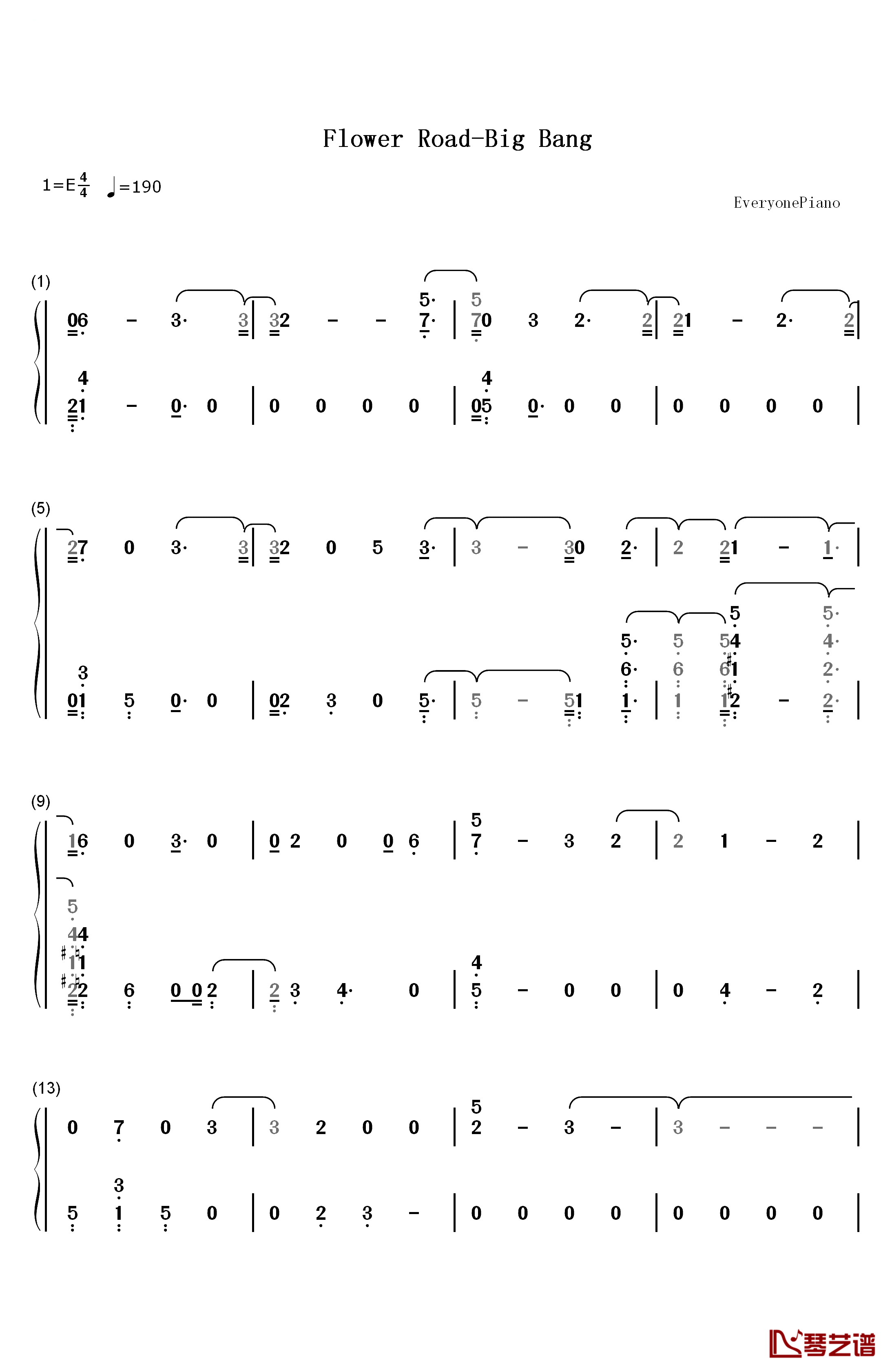 Flower Road钢琴简谱-数字双手-Big Bang