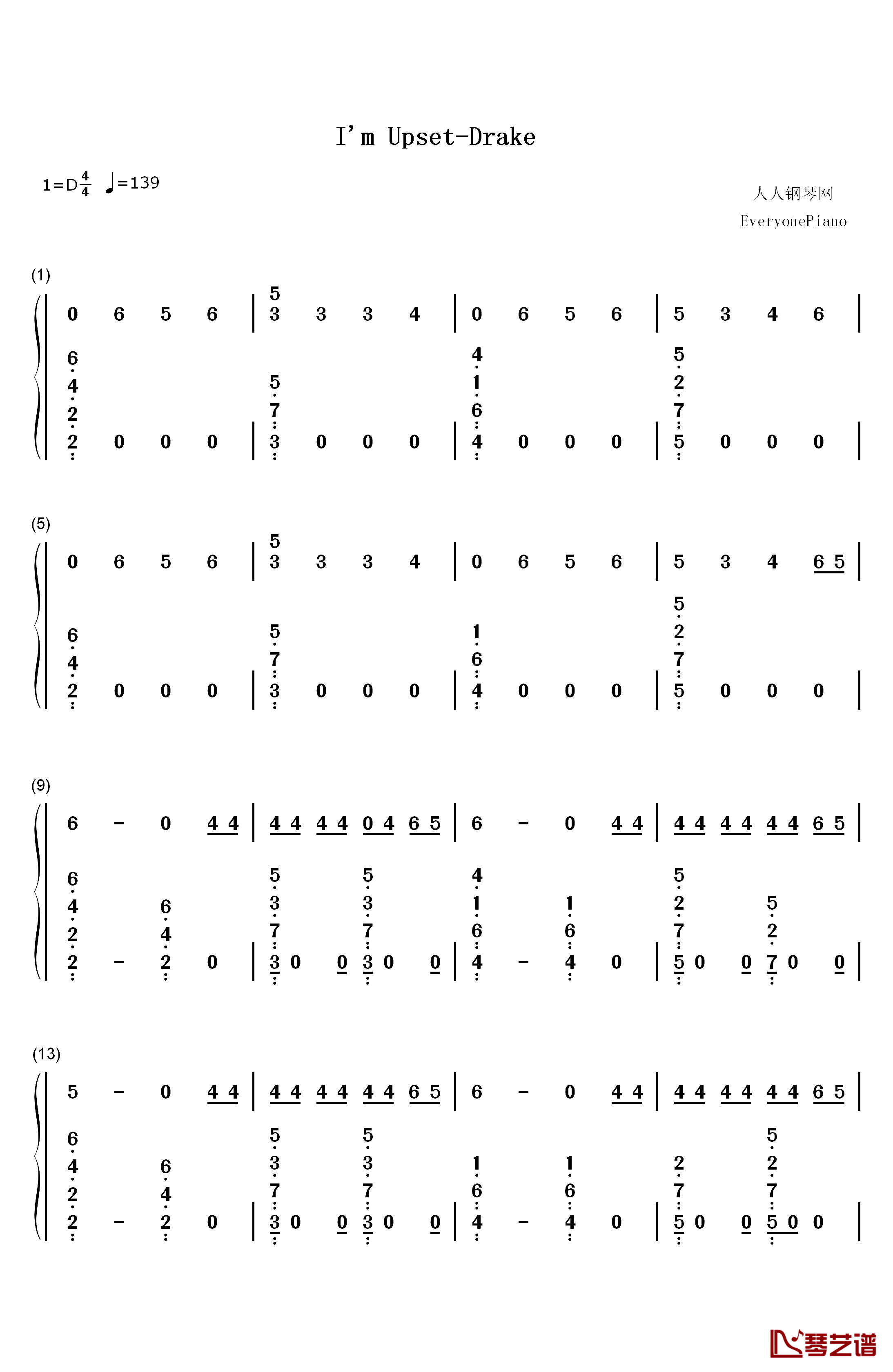 I'm Upset钢琴简谱-数字双手-Drake