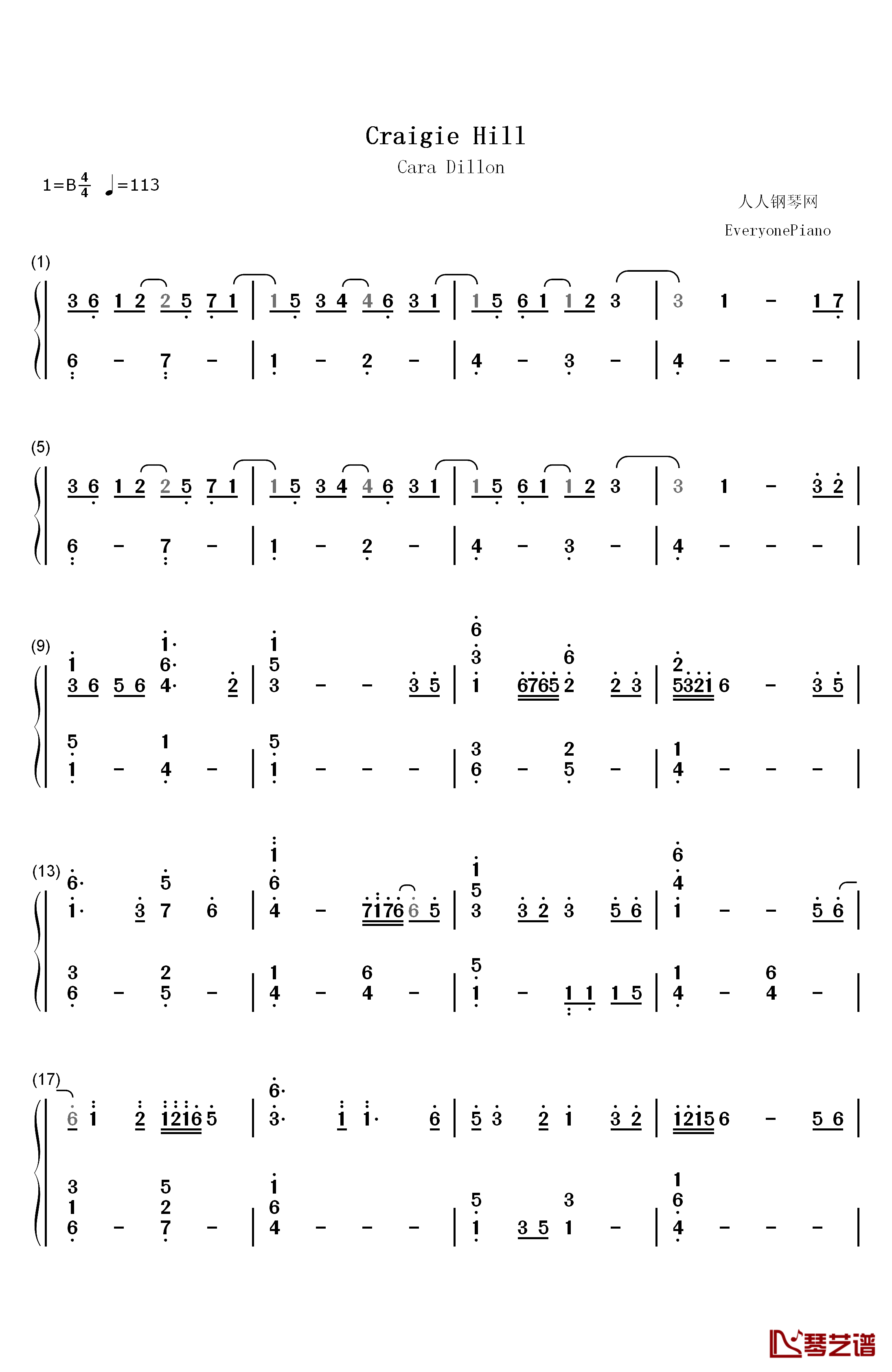 Craigie Hill钢琴简谱-数字双手-Cara Dillon