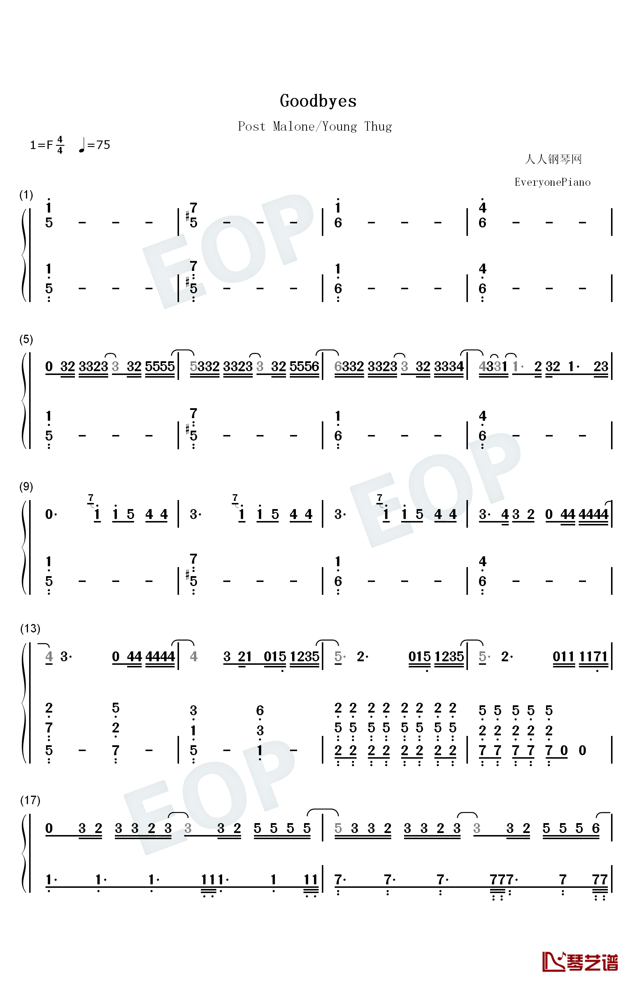 Goodbyes钢琴简谱-数字双手-Post Malone Young Thug
