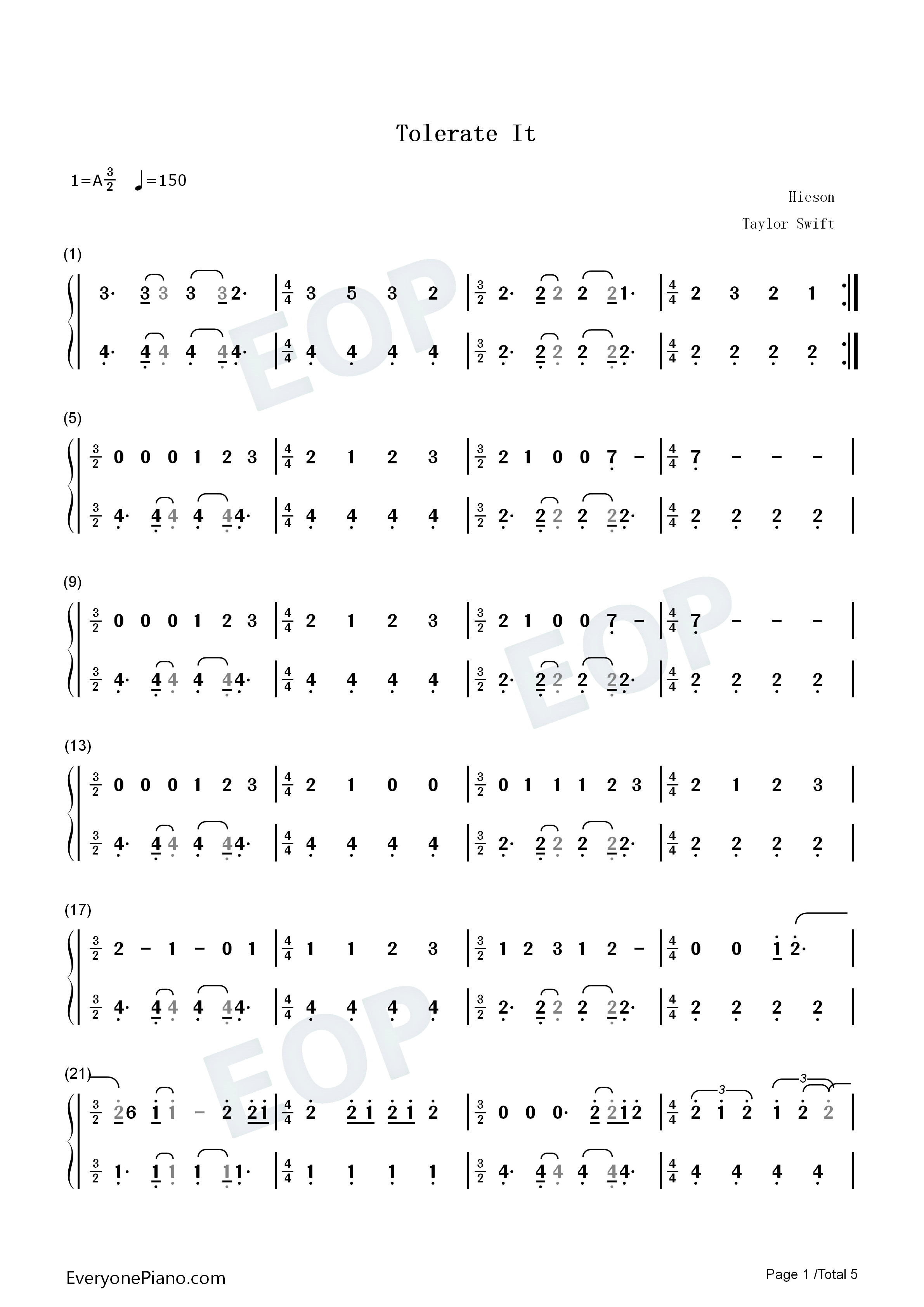 Tolerate It钢琴简谱-Taylor Swift演唱