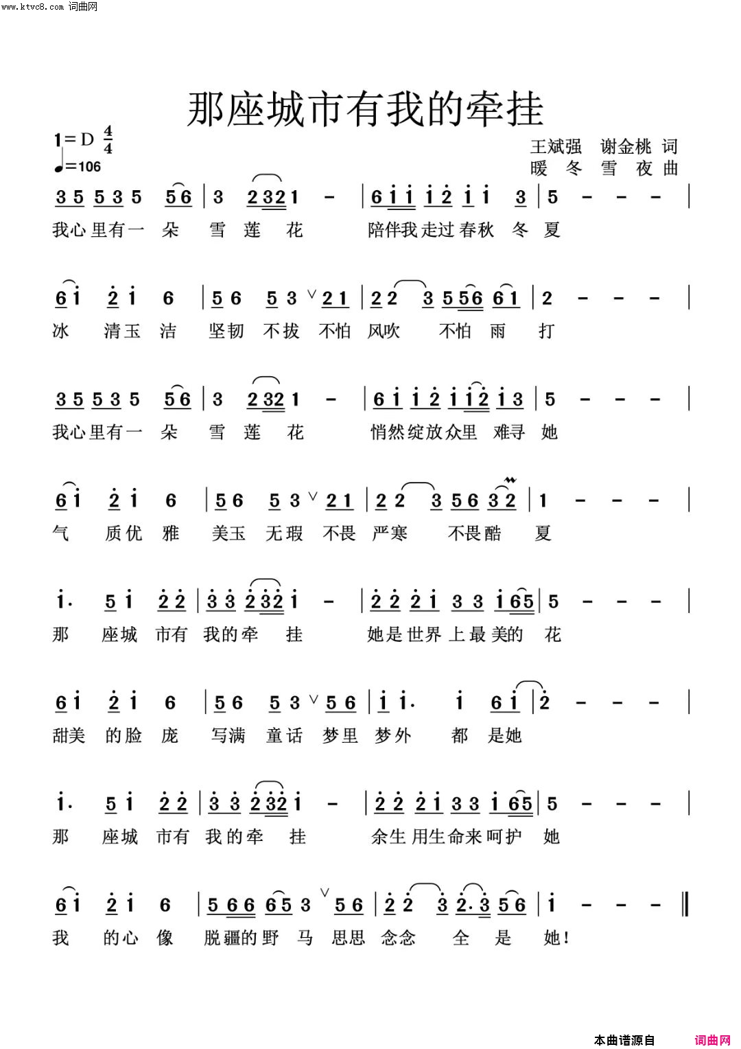 那座城市有我的牵挂简谱-王斌强演唱-王斌强、谢金桃/暖冬雪夜词曲