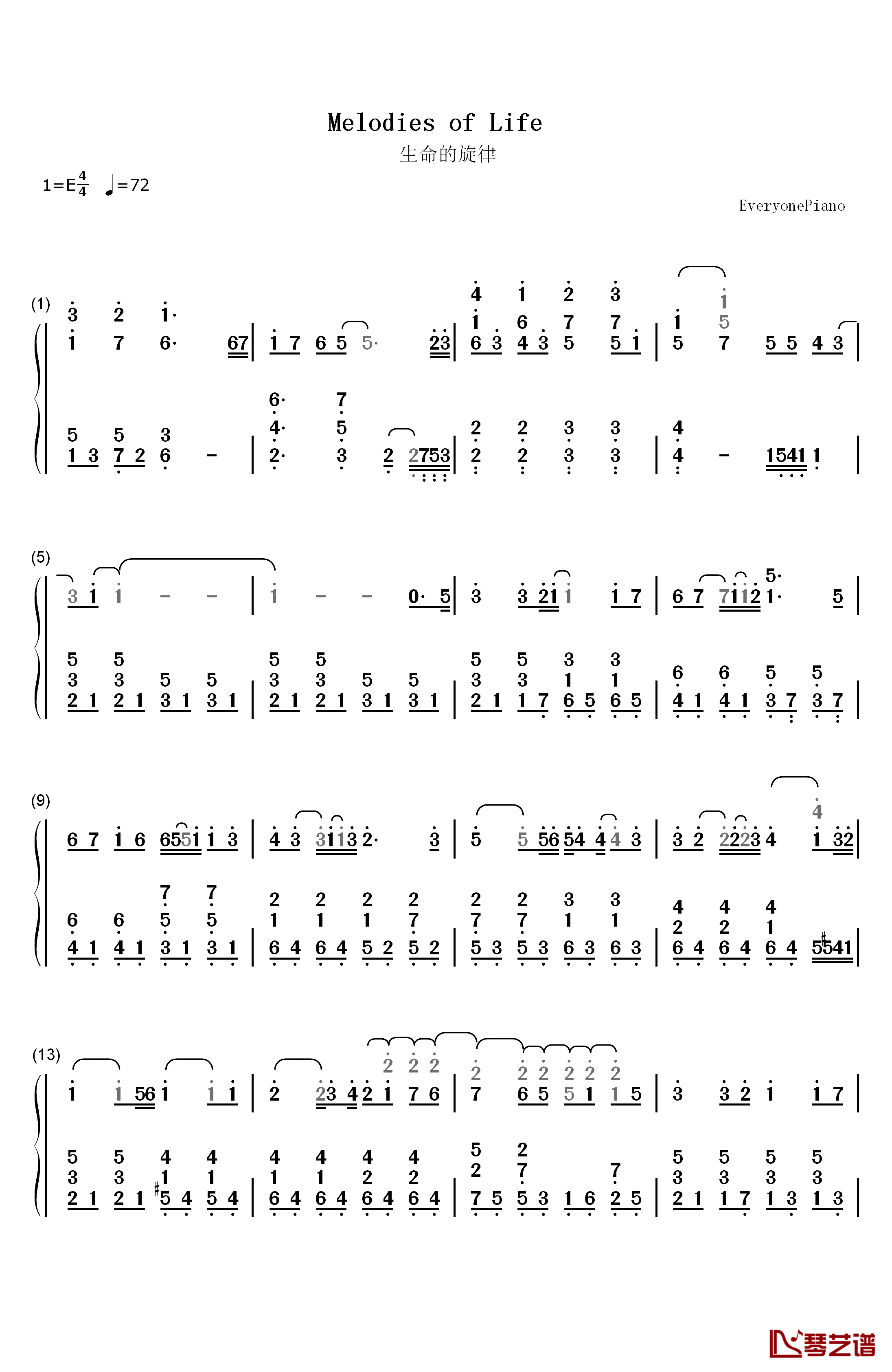 生命的旋律钢琴简谱-数字双手-白鸟英美子