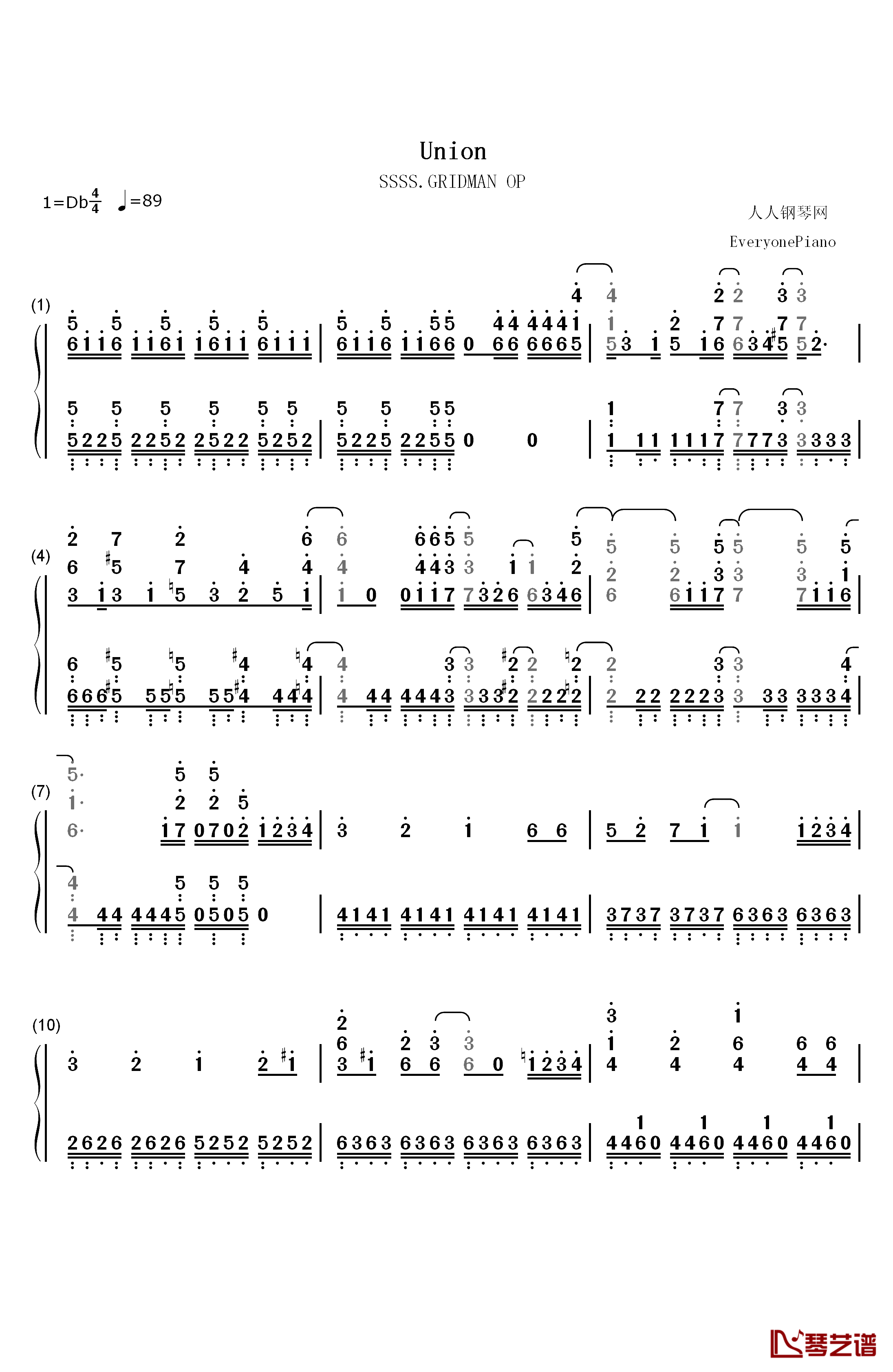 Union钢琴简谱-数字双手-OxT