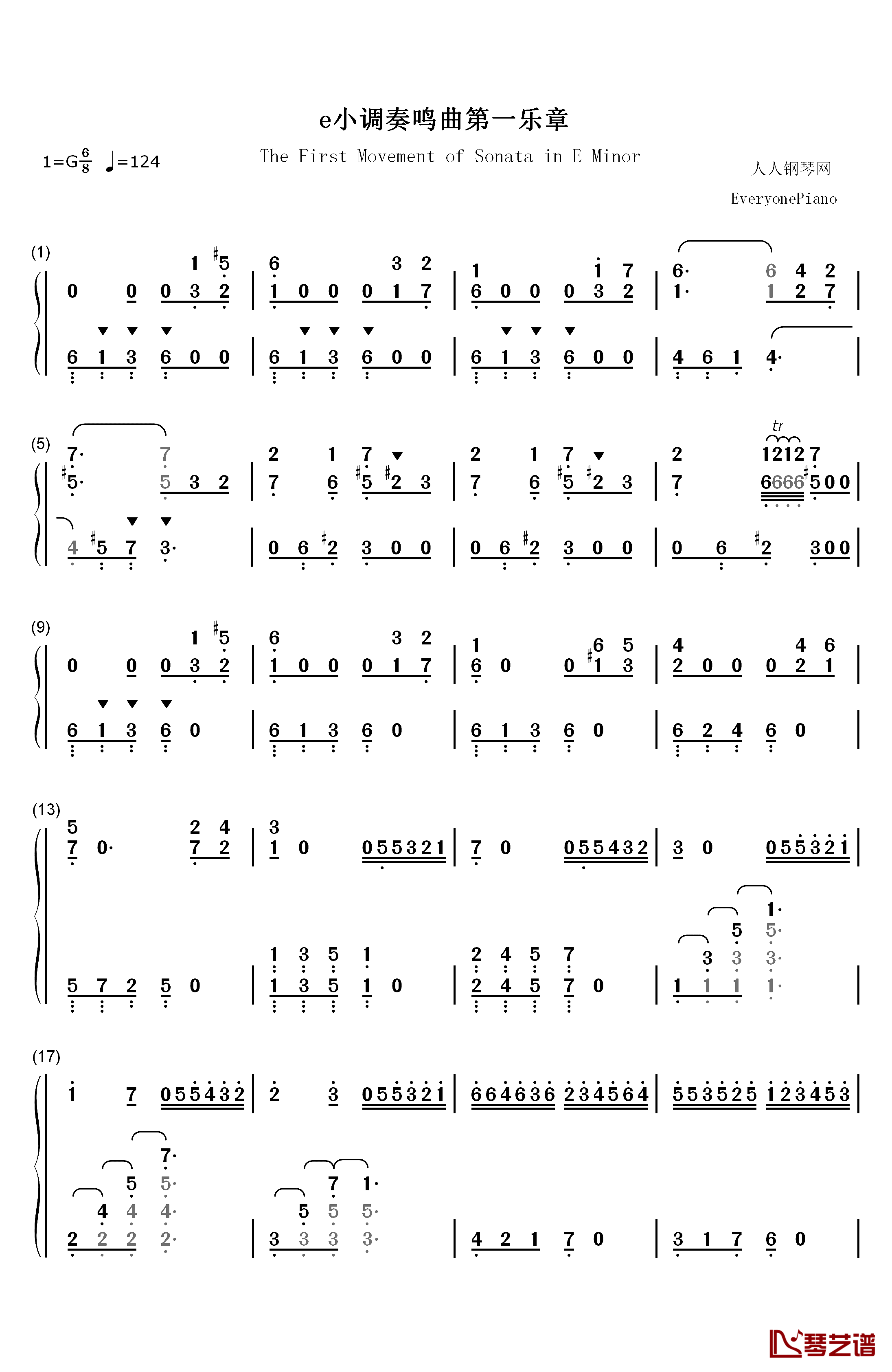 e小调奏鸣曲第一乐章钢琴简谱-数字双手-海顿