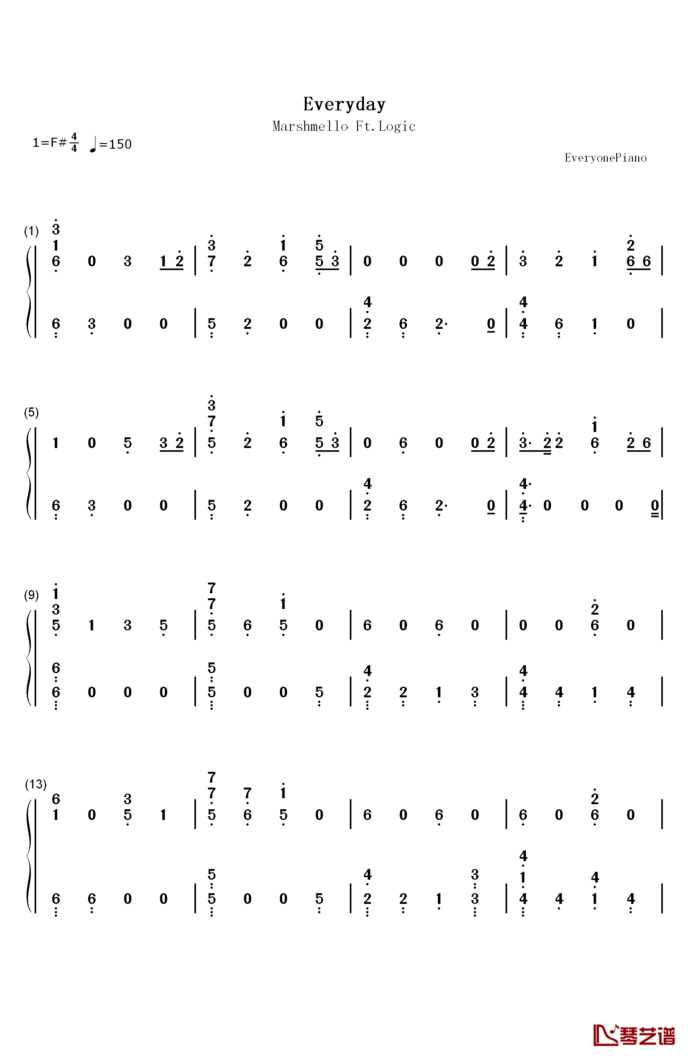 Everyday钢琴简谱-数字双手-Marshmello Logic