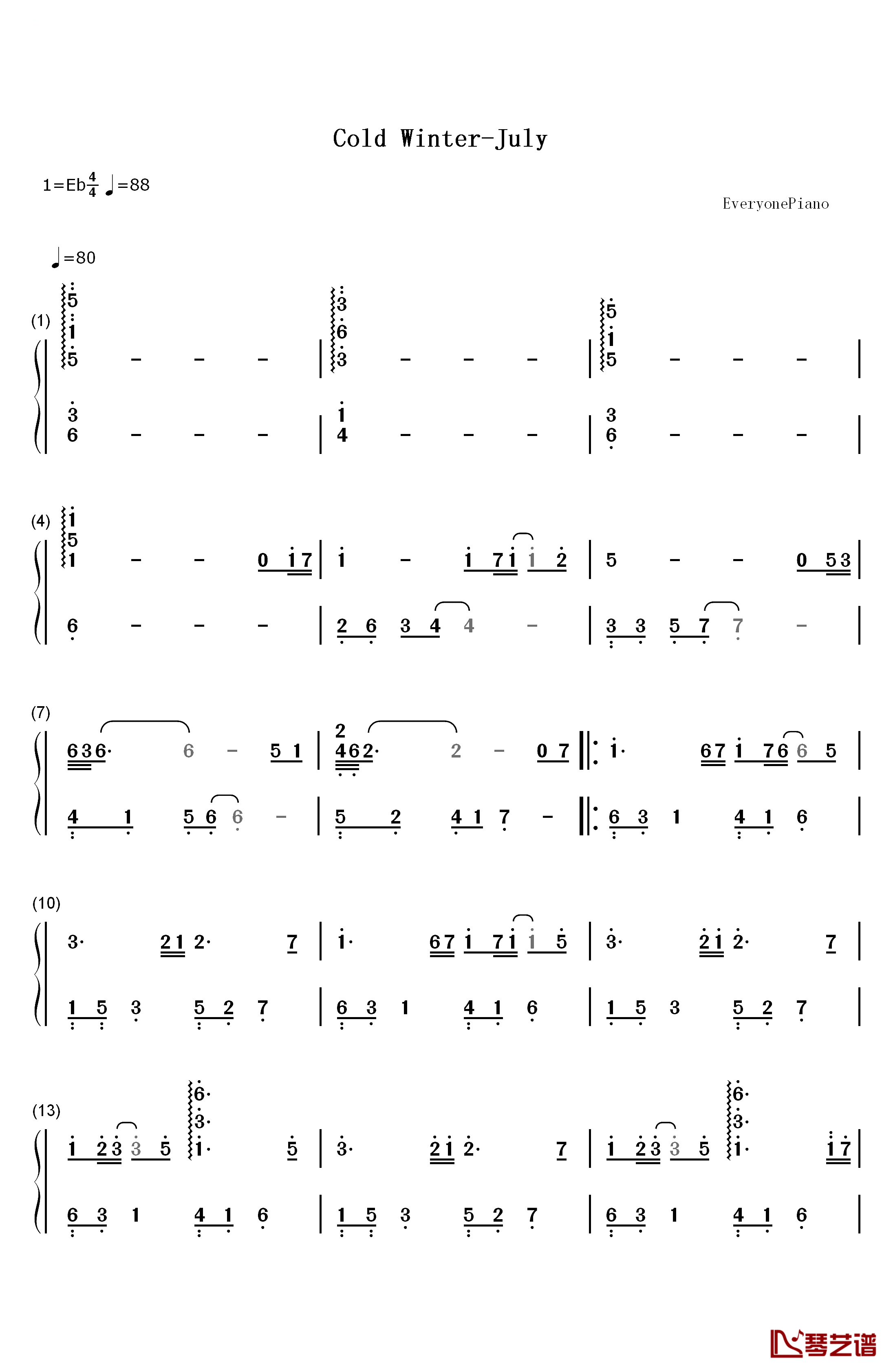 Cold Winter钢琴简谱-数字双手-July