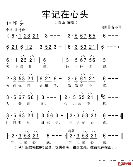 牢记在心头简谱(歌词)-青山演唱-秋叶起舞记谱