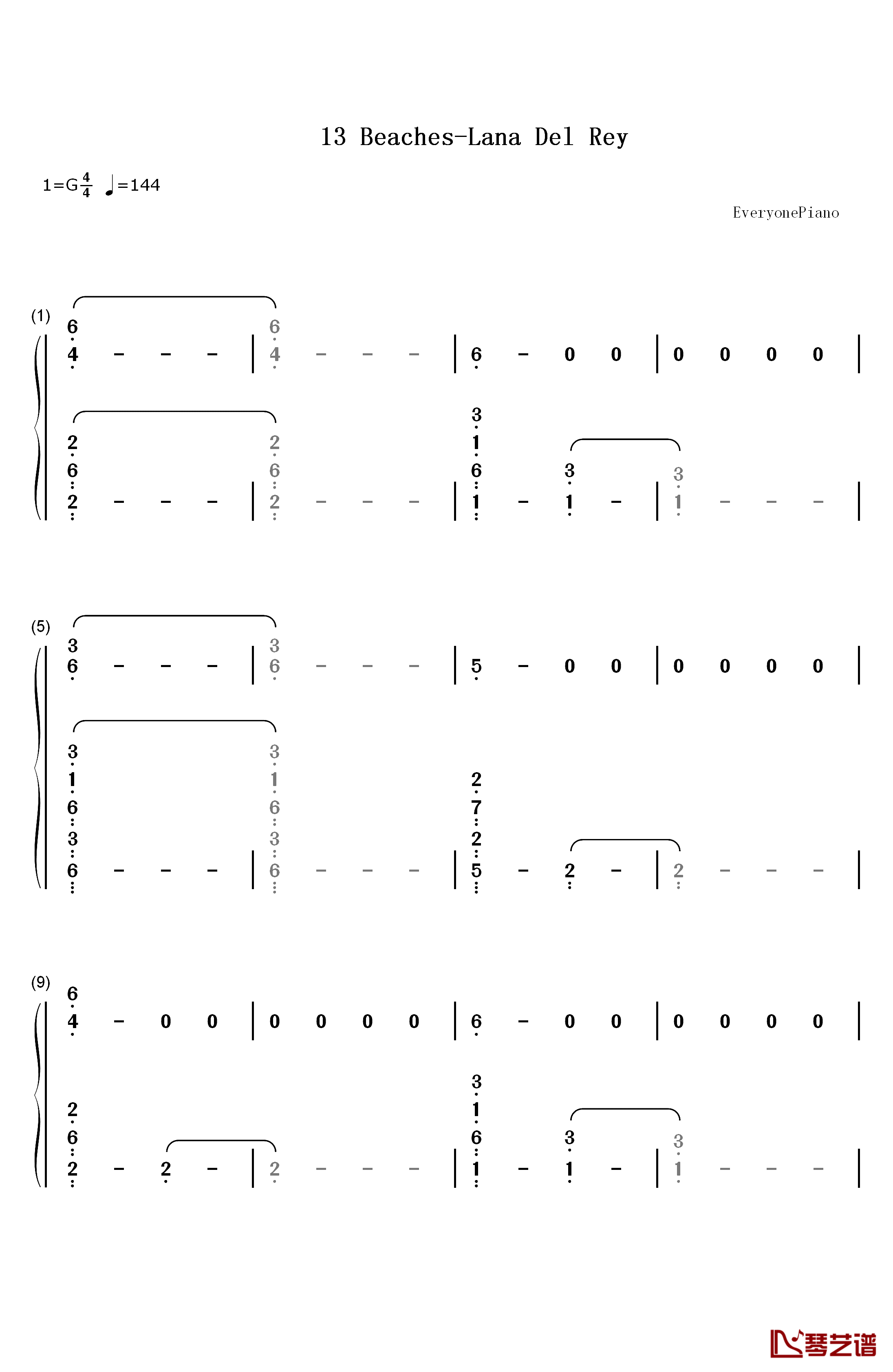 13 Beaches钢琴简谱-数字双手-Lana Del Rey