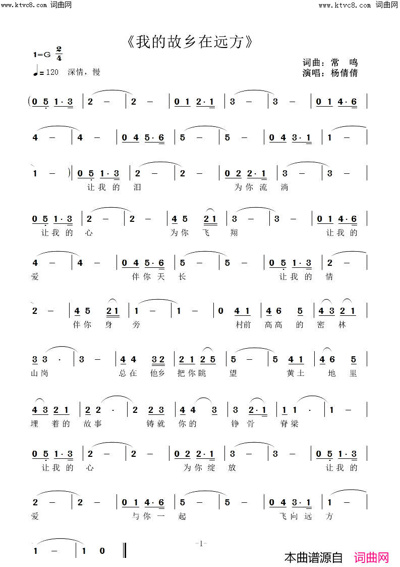 我的故乡在远方简谱-杨倩倩演唱-常鸣曲谱