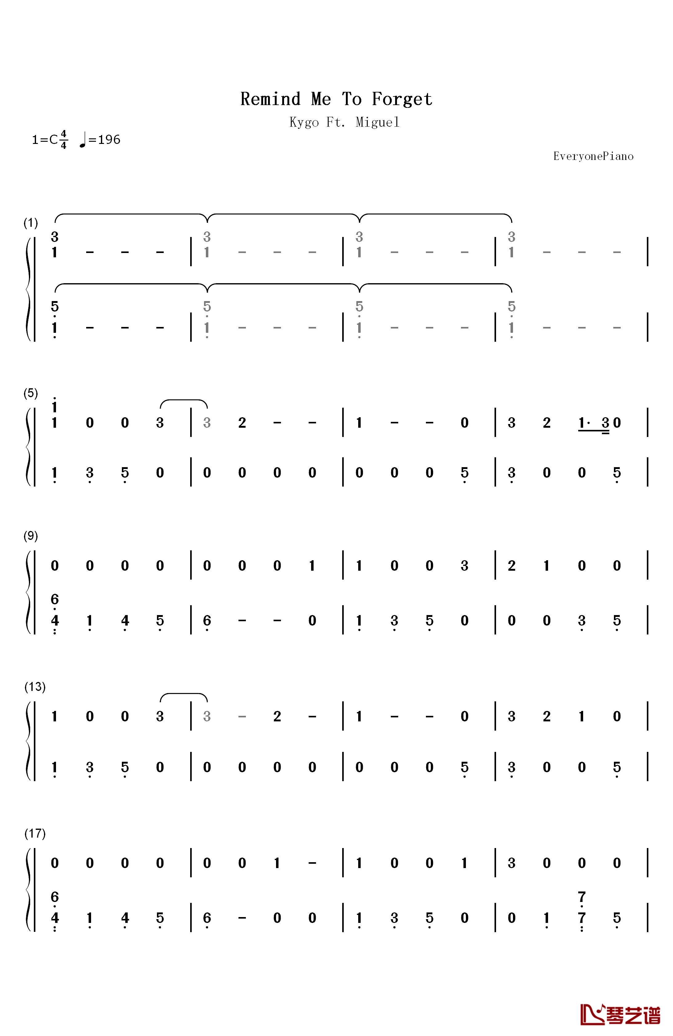 Remind Me To Forget钢琴简谱-数字双手-Kygo Miguel