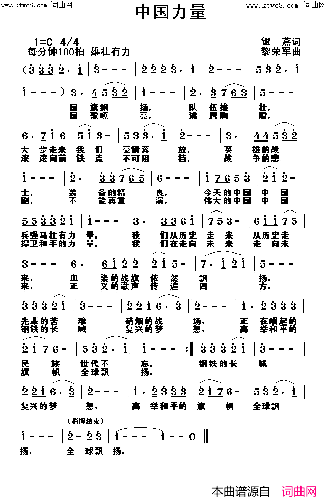 中国力量简谱-鲁金演唱-银燕/黎荣军词曲