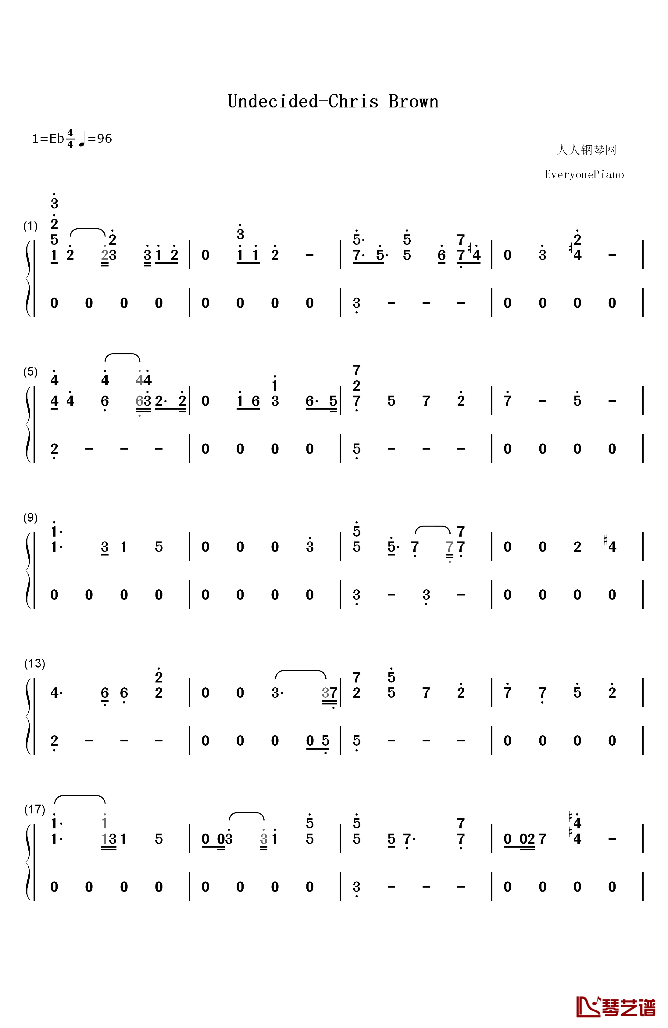 Undecided钢琴简谱-数字双手-Chris Brown