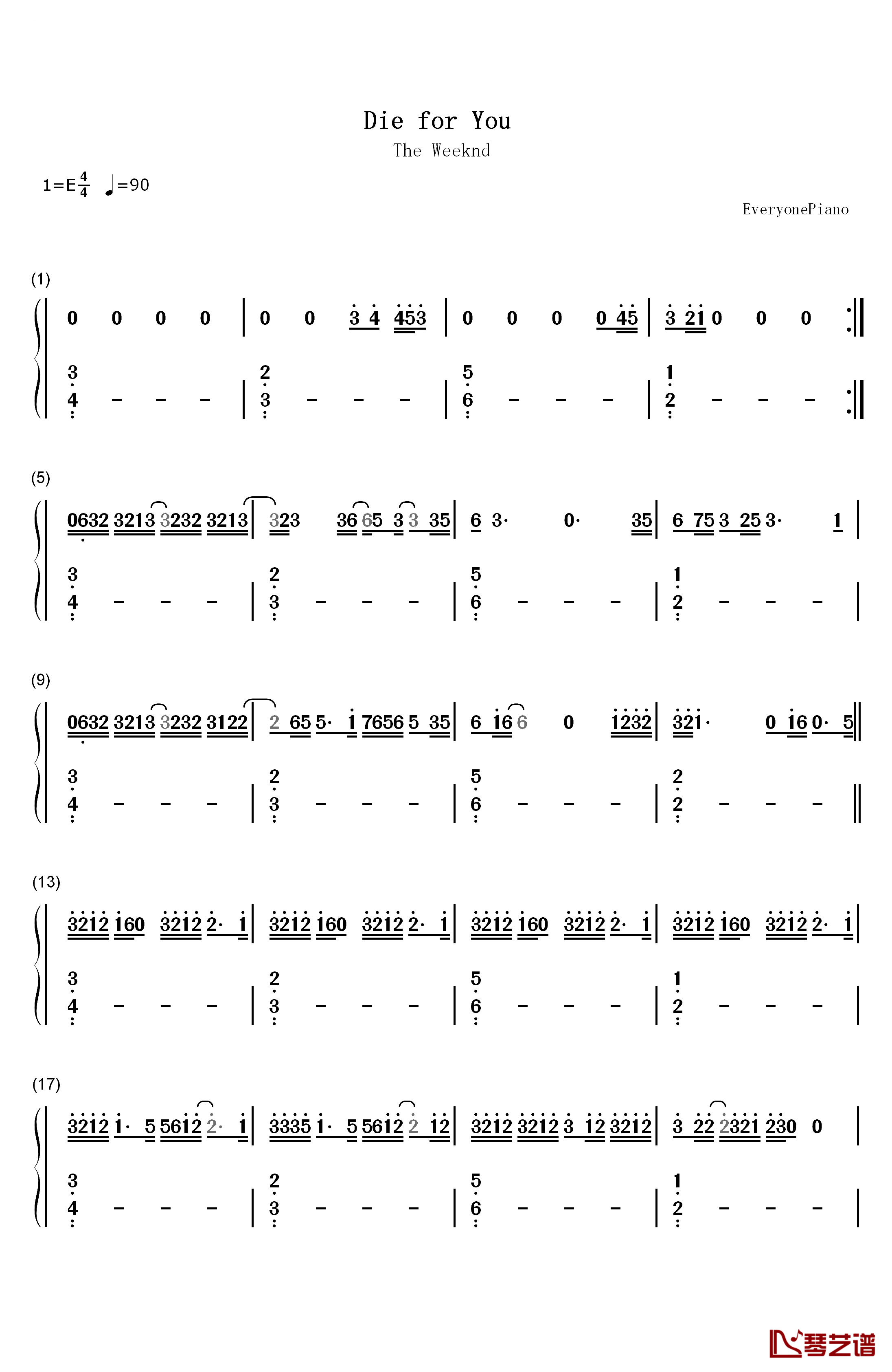 Die for You钢琴简谱-数字双手-The Weeknd