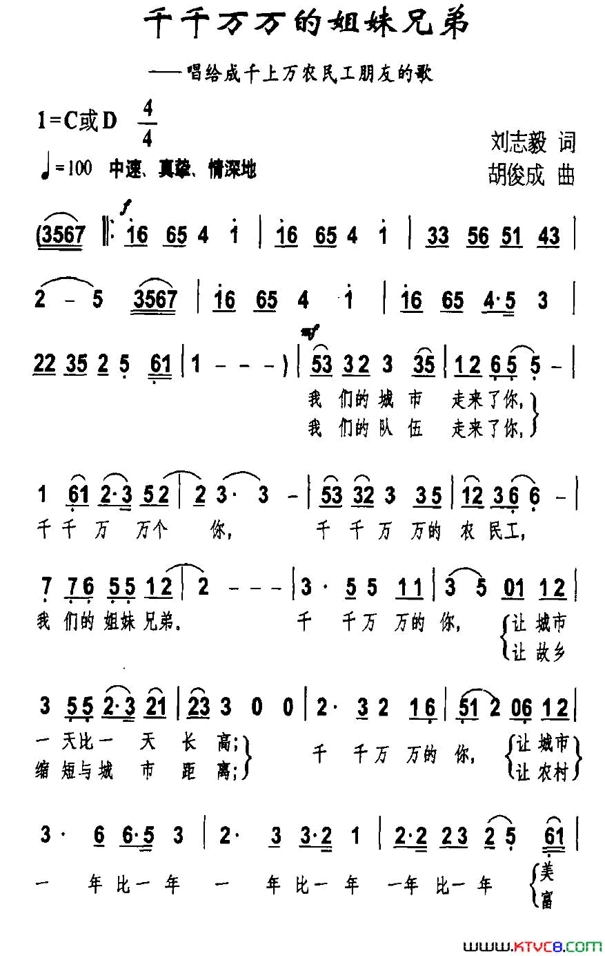 千千万万的姐妹兄弟唱给成千上万农民工朋友的歌简谱