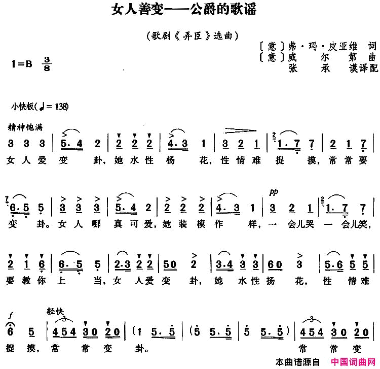 [意]女人善变——公爵的歌谣歌剧《弄臣》选曲简谱