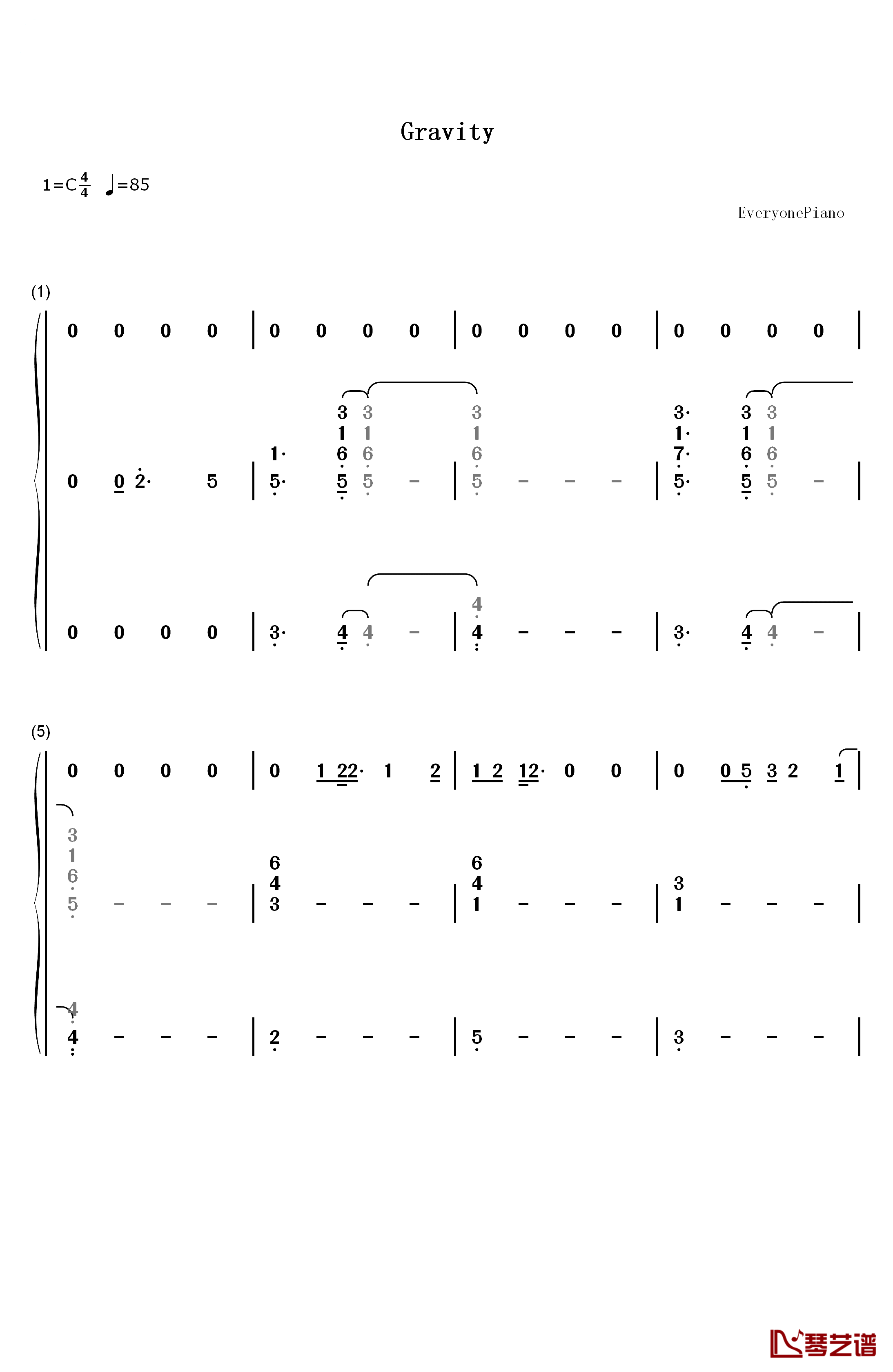 Gravity钢琴简谱-数字双手-Sara Bareilles