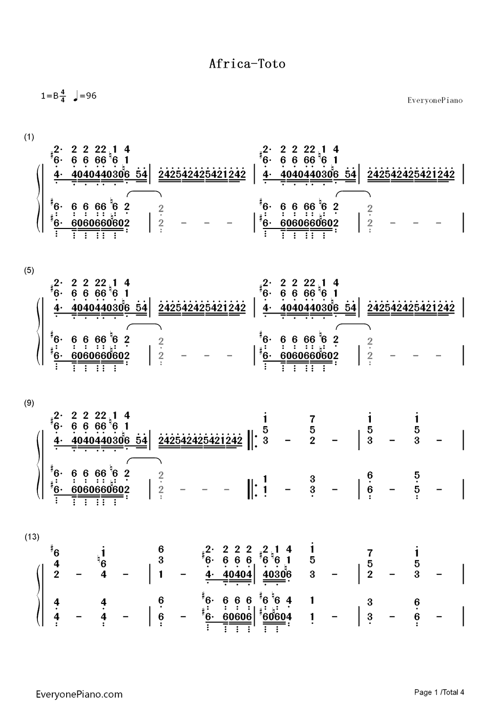 Africa钢琴简谱-Toto演唱