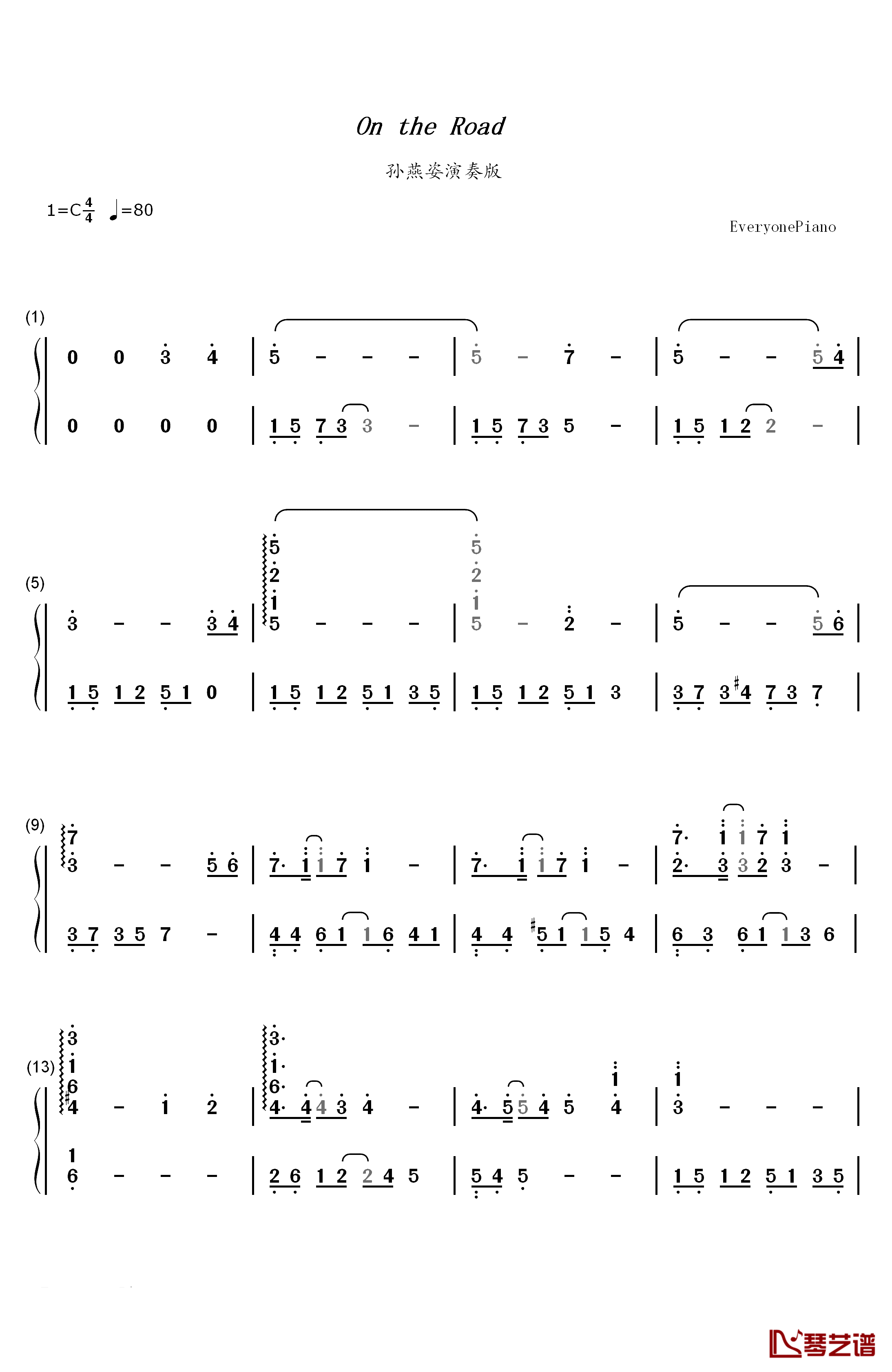 On the road钢琴简谱-数字双手-孙燕姿