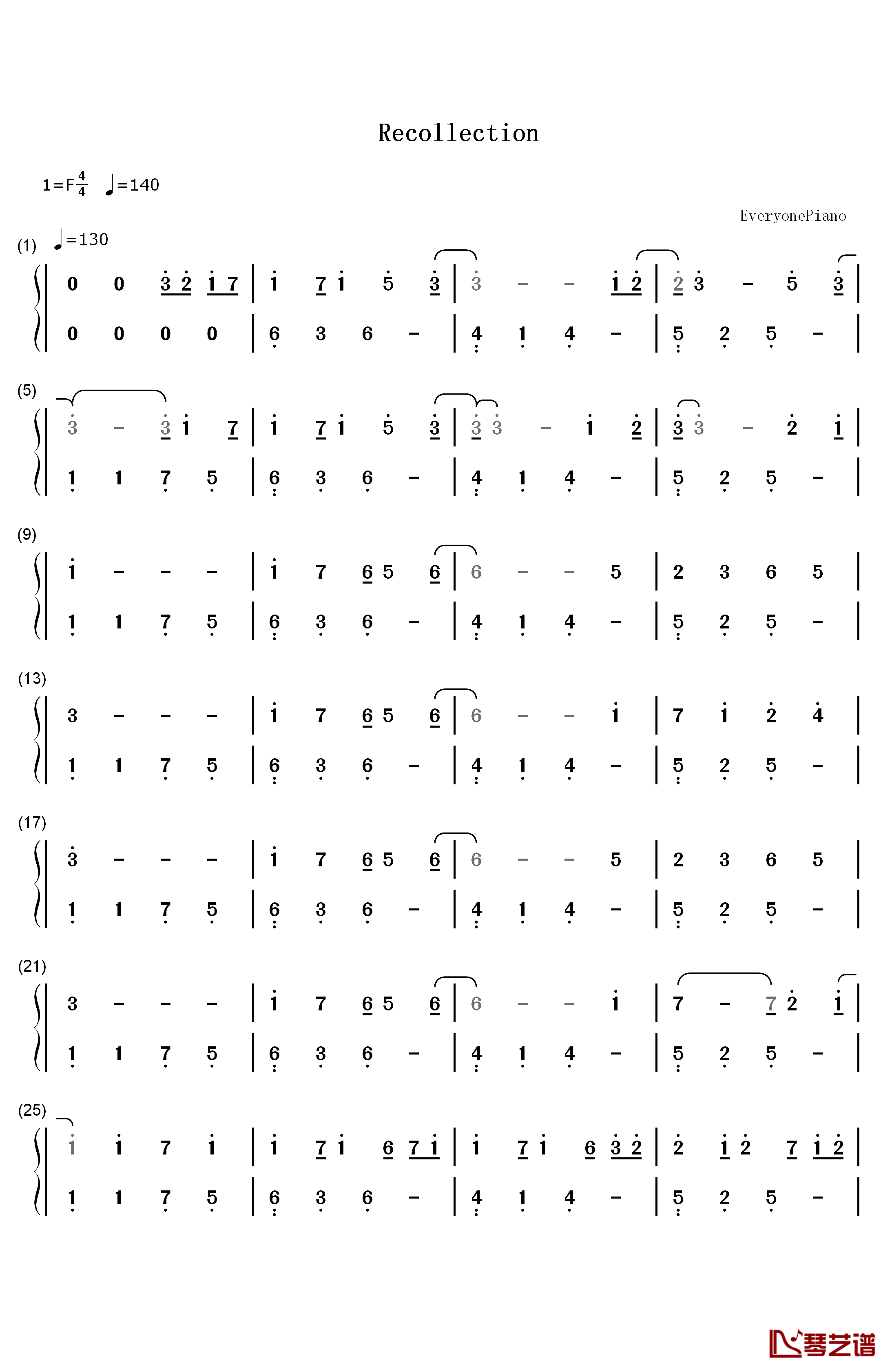 Recollection钢琴简谱-数字双手-October