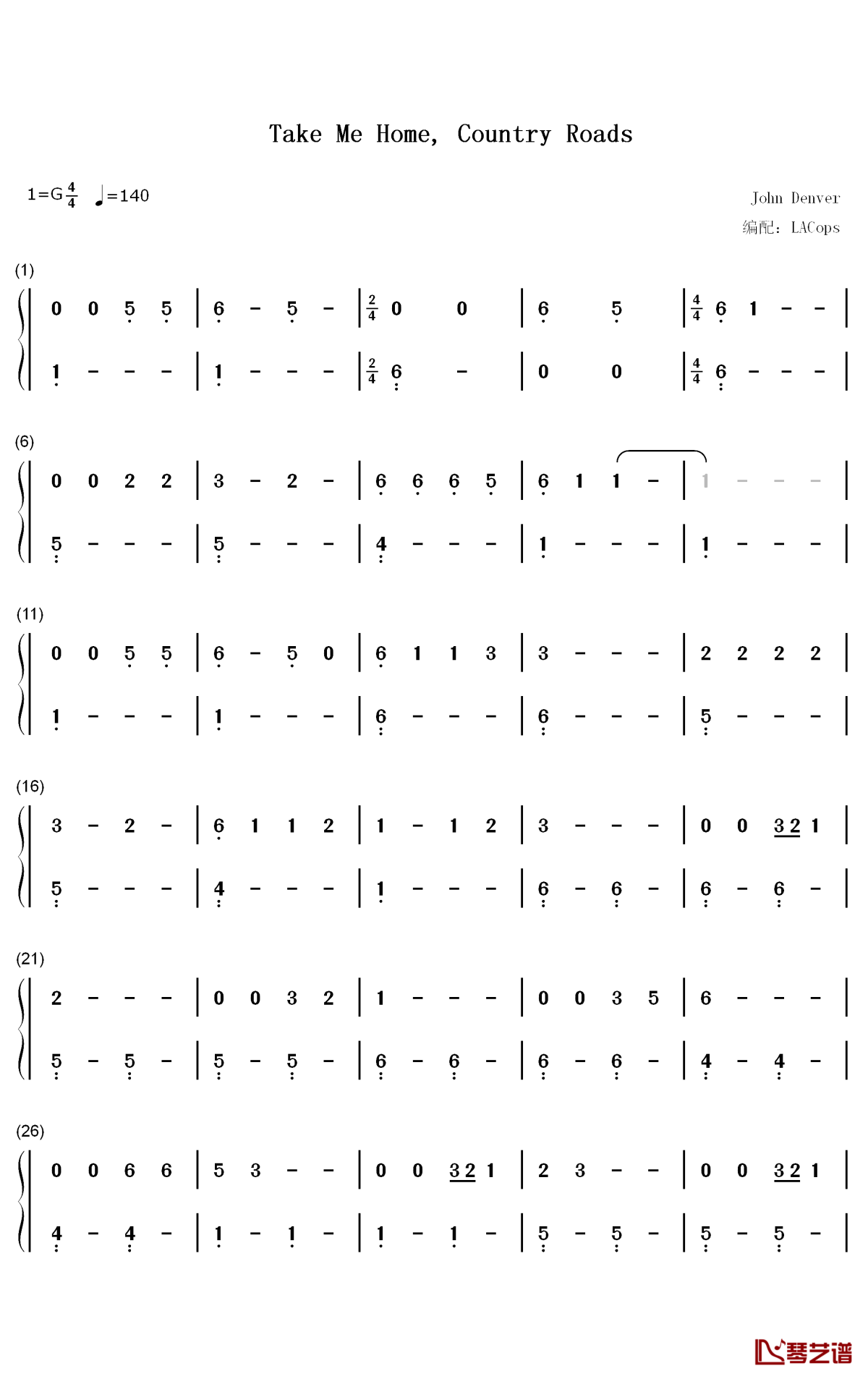 Take Me Home Country Roads钢琴简谱-John Denver歌曲-数字双手曲谱