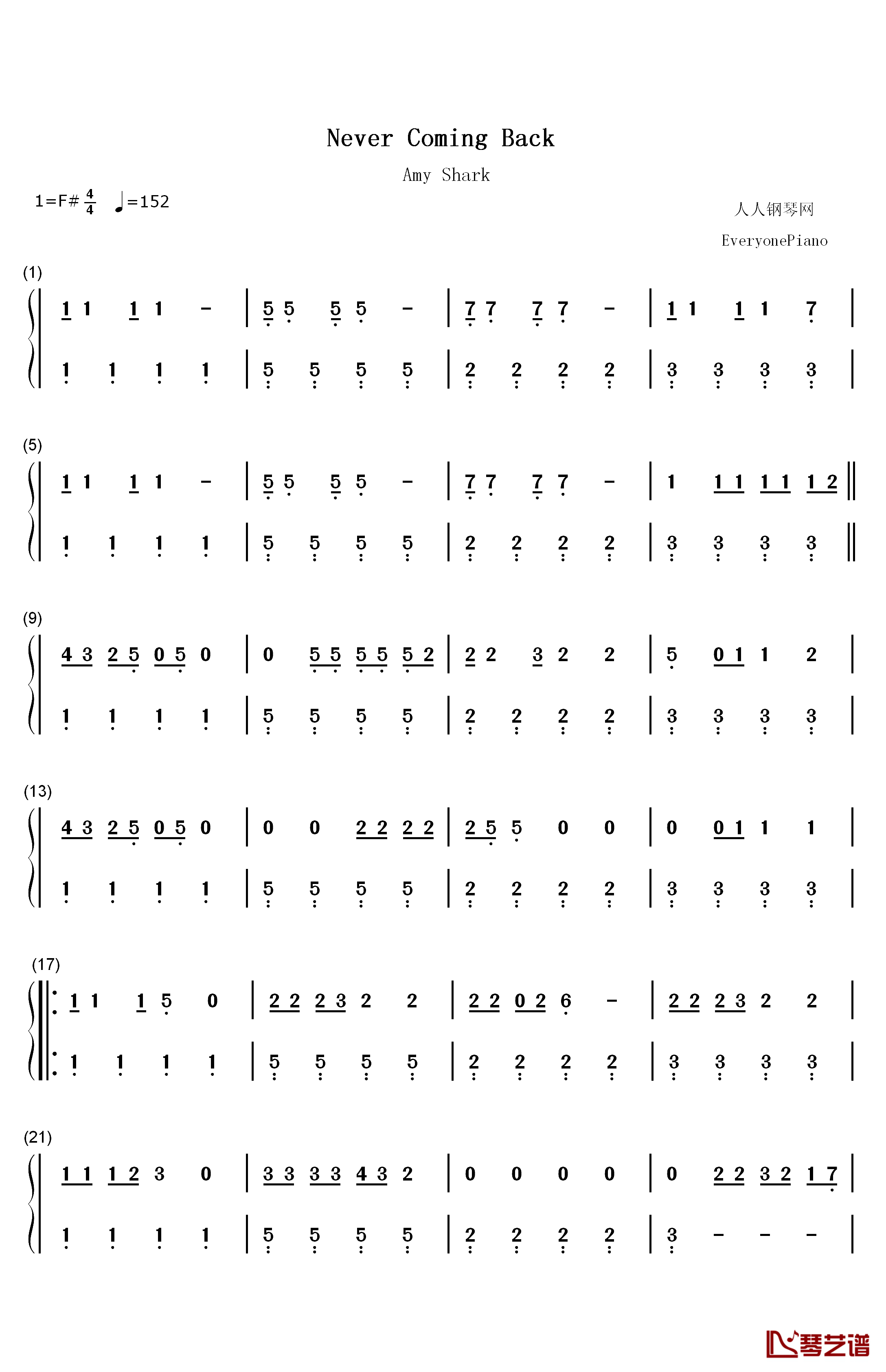 Never Coming Back钢琴简谱-数字双手-Amy Shark