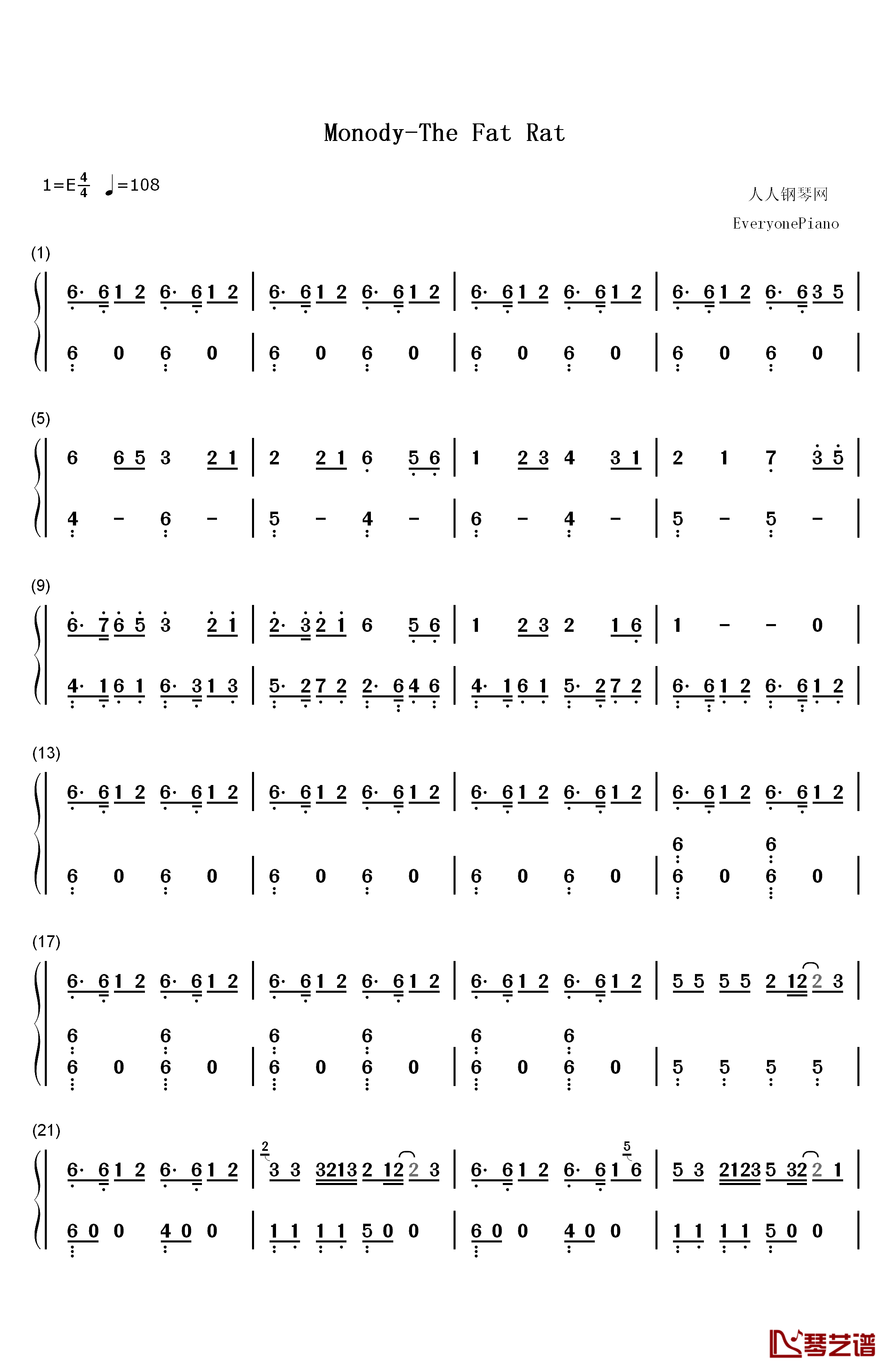 Monody钢琴简谱-数字双手-TheFatRat Laura Brehm