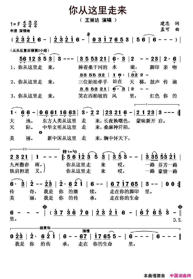 你从这里走来简谱-王丽达演唱-建忠/孟可词曲